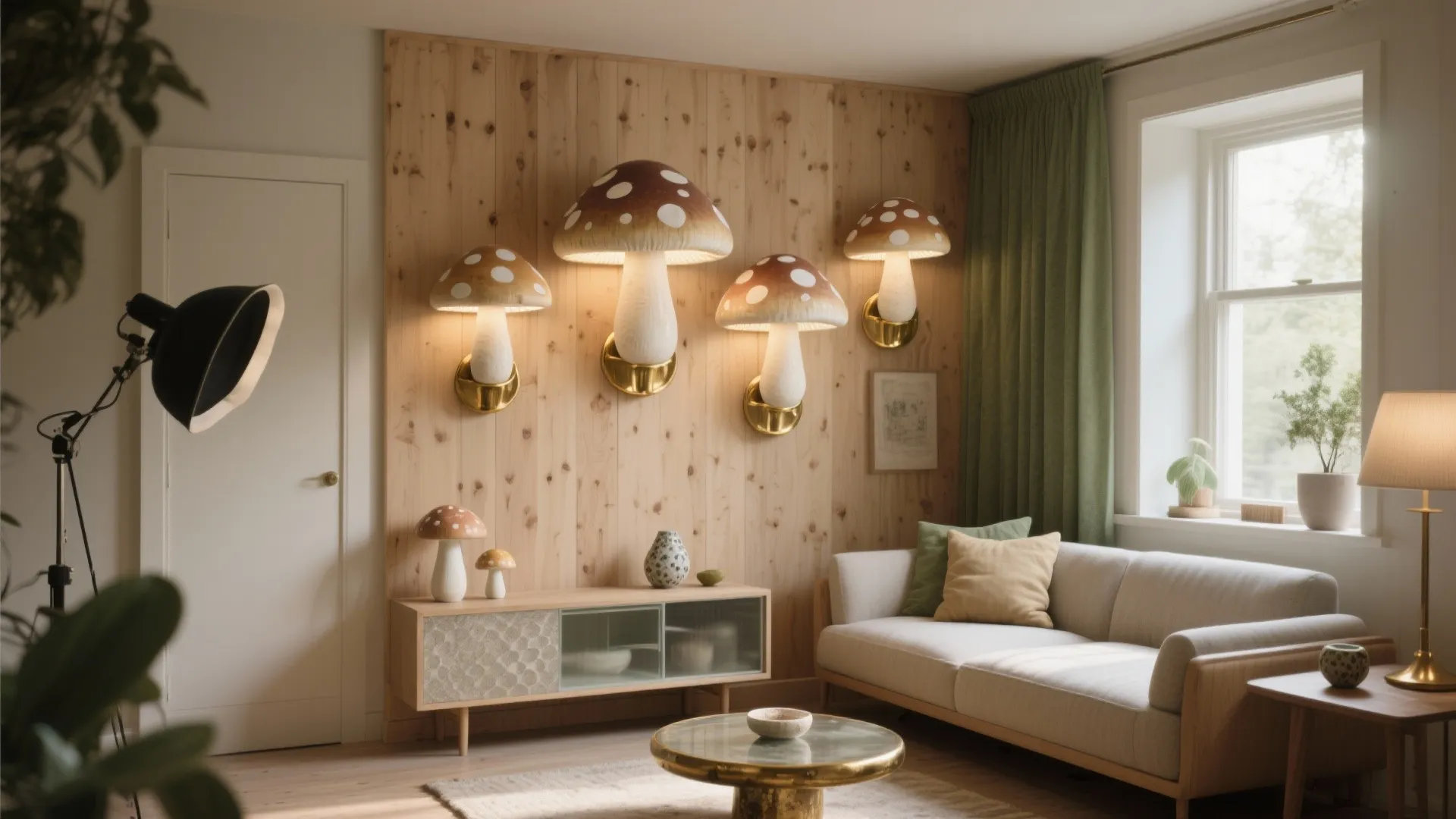 Modern living room with mushroom wall lights on wood paneling sofa coffee table and cabinet