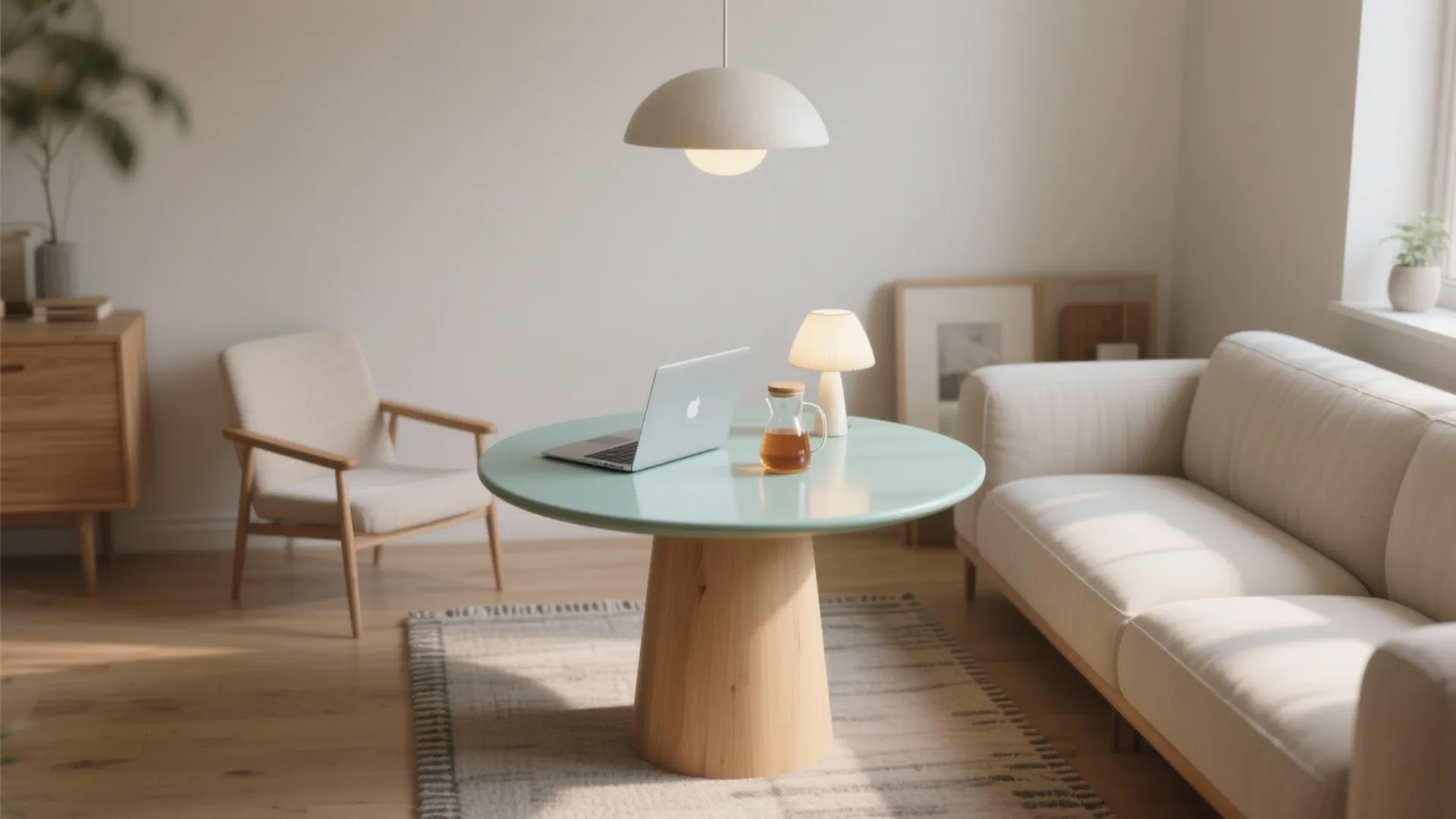 Round light blue table with laptop beside cream sofa under a modern white ceiling light