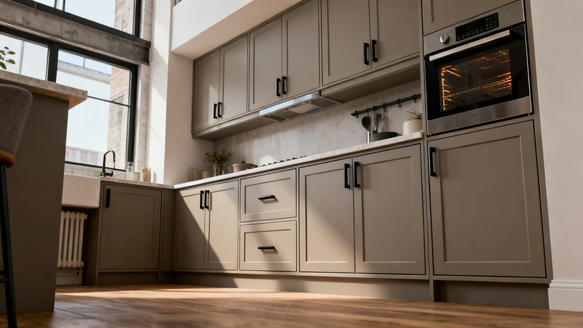 Matte mushroom-gray thermofoil Shaker MDF doors in a calm compact kitchen.