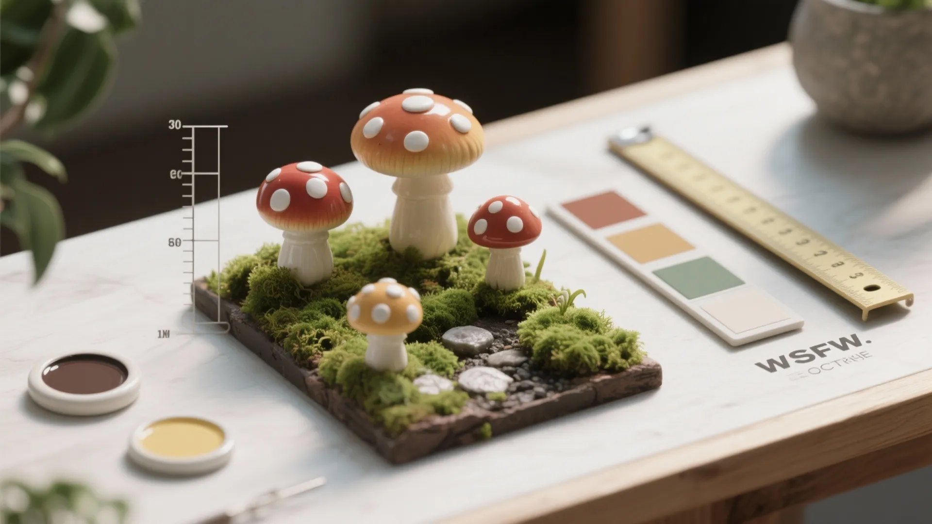 Tabletop display featuring small mushroom models on green moss with paint samples and a ruler