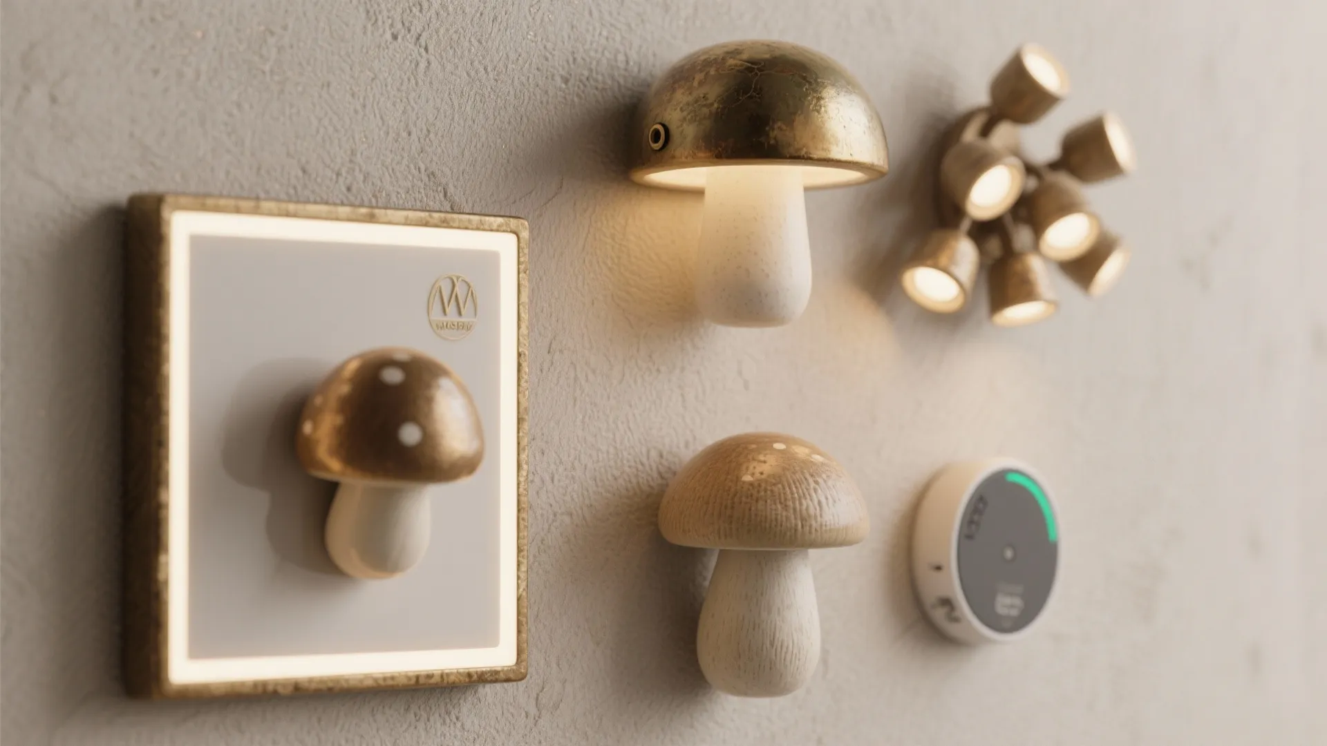 Collection of mushroom shaped wall lights and switches in gold and wood on white wall