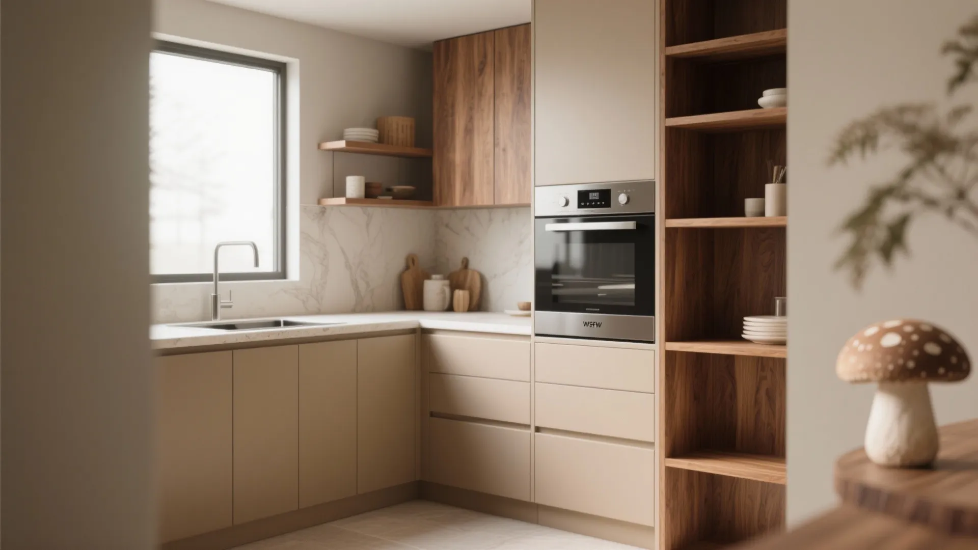Mushroom-tone cabinets with warm walnut open shelving and layered kitchen finishes under soft daylight.