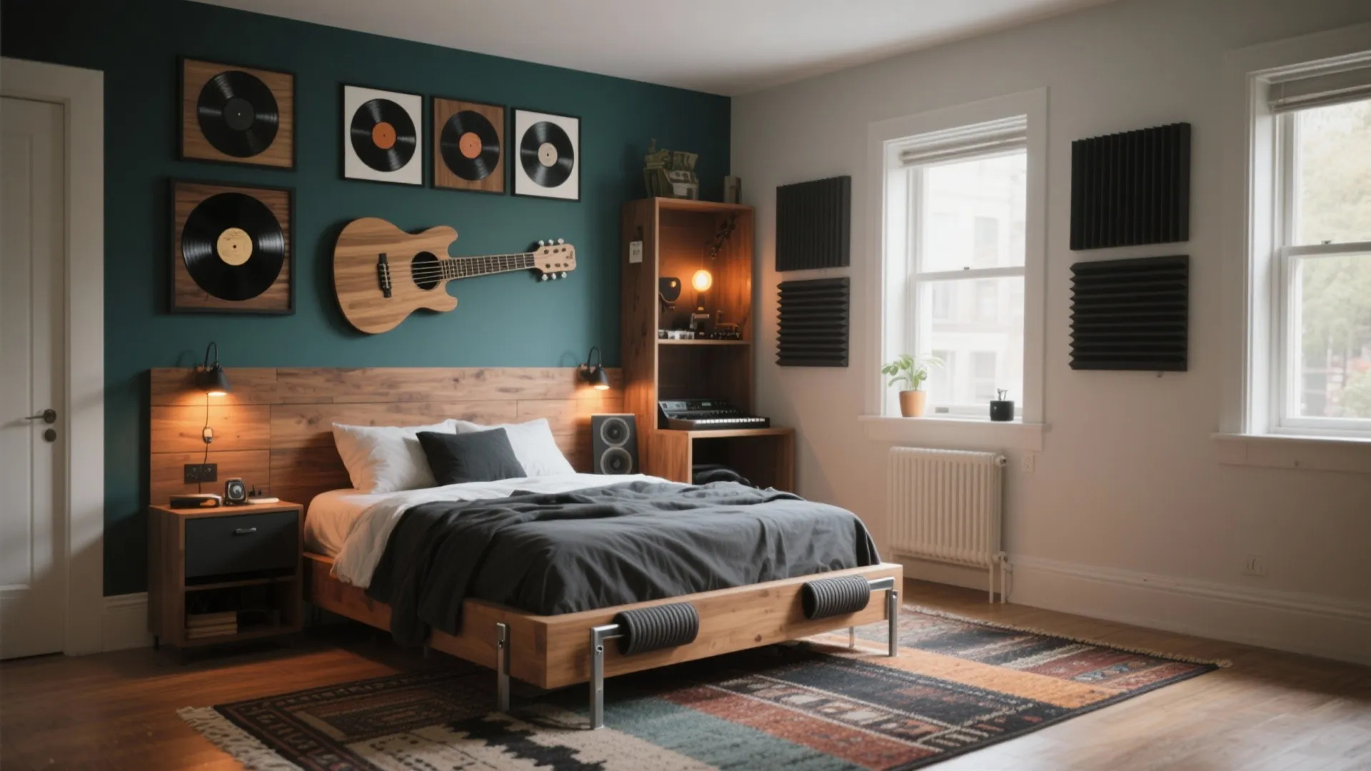 Musical themed bedroom with dark green accent wall vinyl records guitar wood furniture and rug