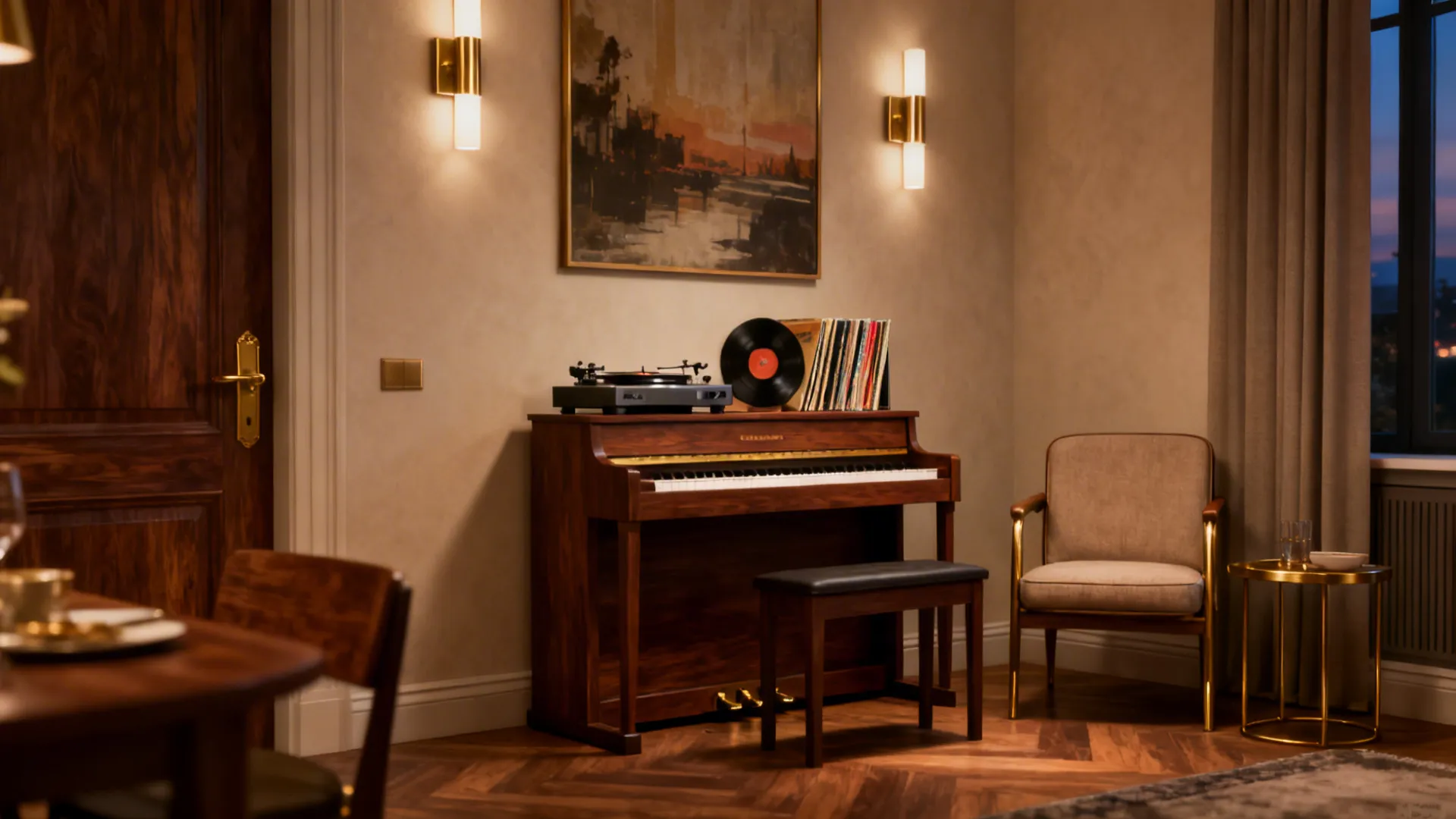 A cozy music corner with a compact piano or vinyl setup beside a reading chair and sconces.