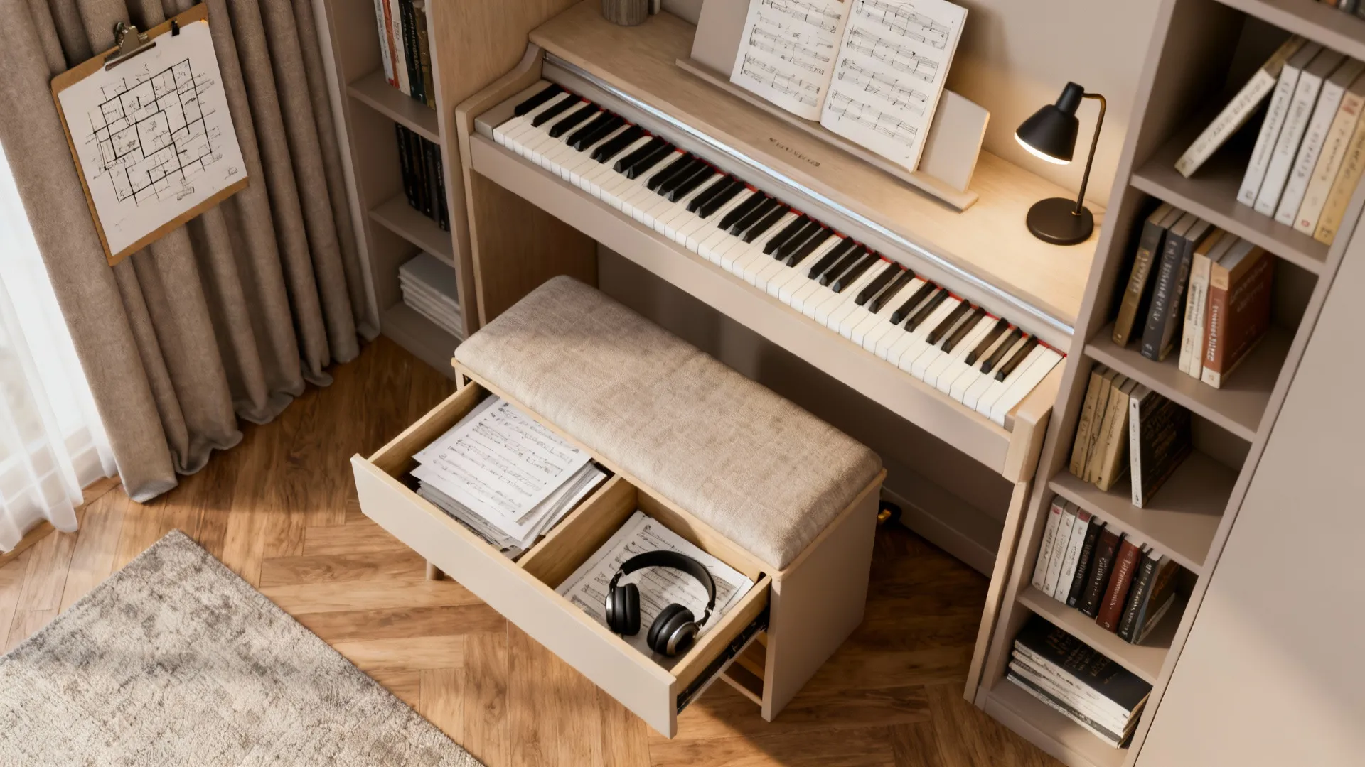 Compact piano nook with a storage bench open to show sheet music and headphones, slim shelving and lamp.