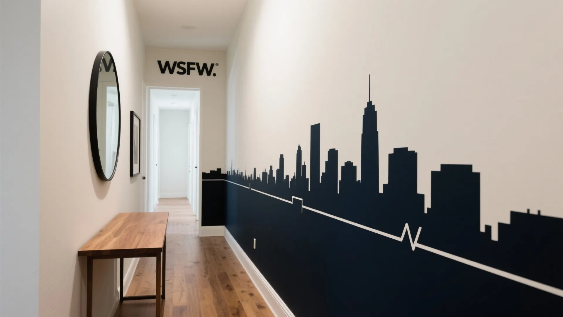 Modern white hallway with wood flooring, large city skyline wall decoration, mirror, and console table