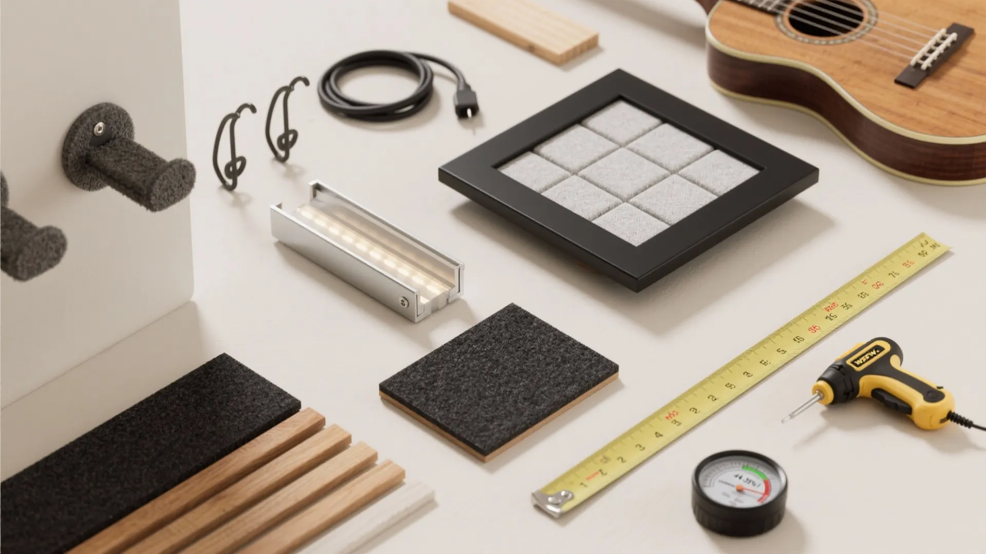 A flat lay of DIY music wall tools including a guitar, ruler, drill, and foam
