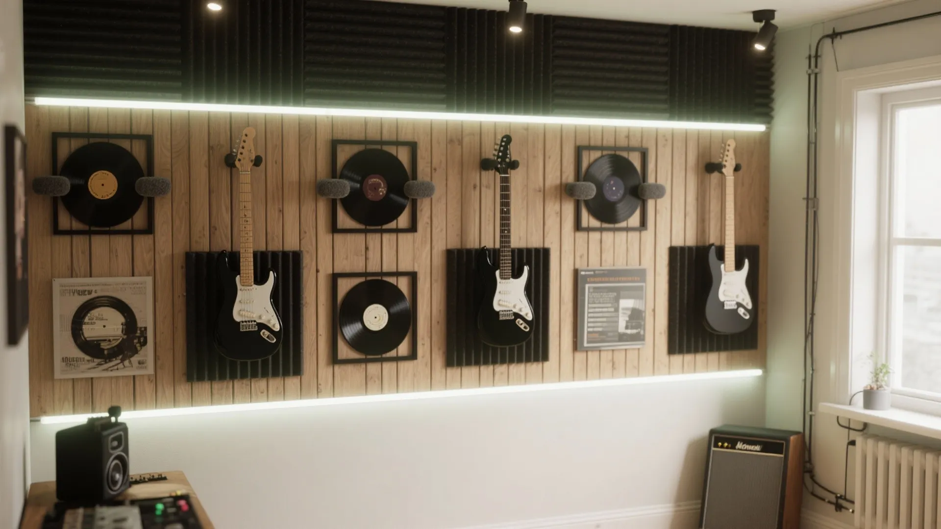 Music room wall with wood paneling holding black electric guitars and vinyl records for creative display