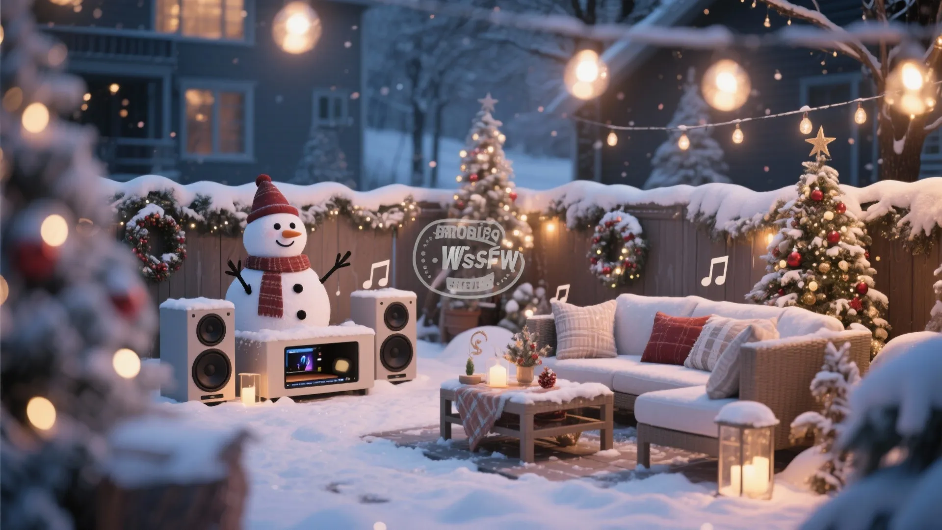 Frosty the Snowman in a musical winter corner with soft carols