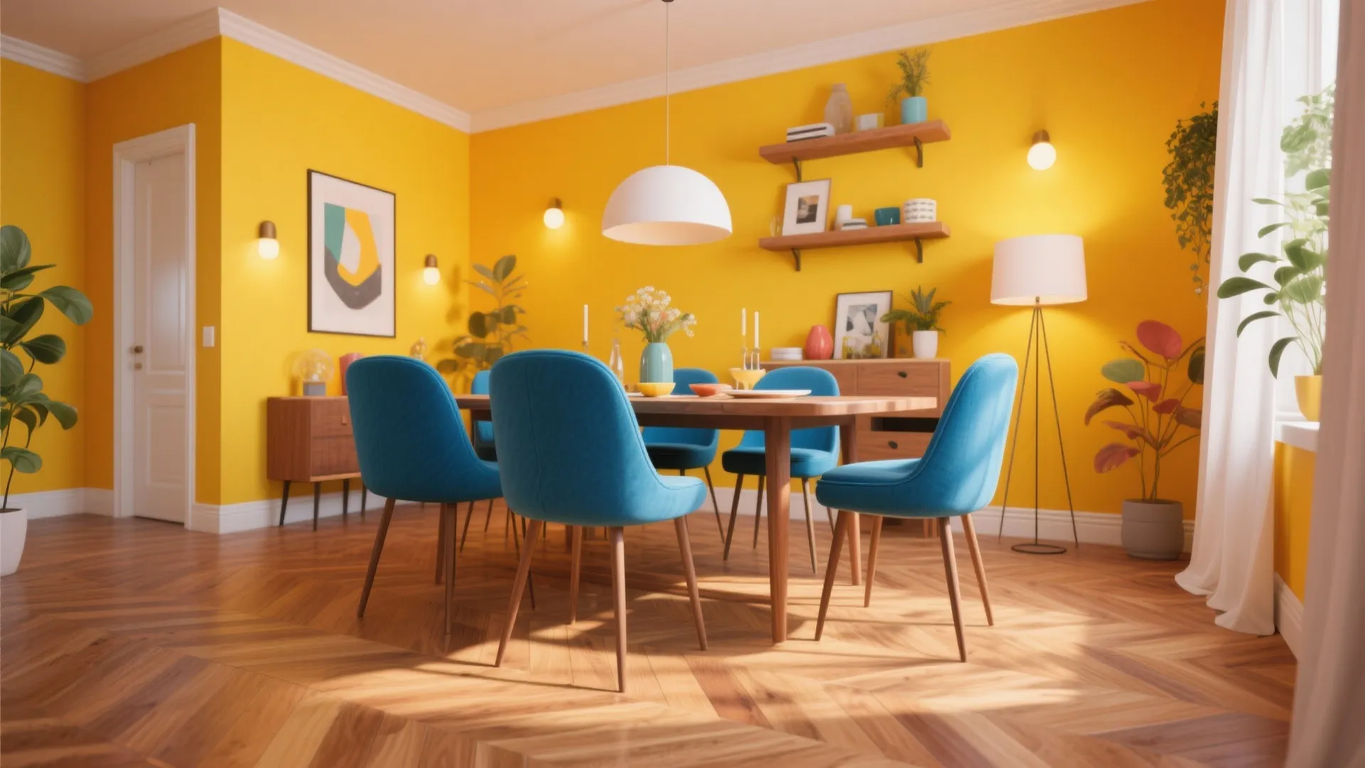 Mustard yellow dining room accent wall with blue chairs
