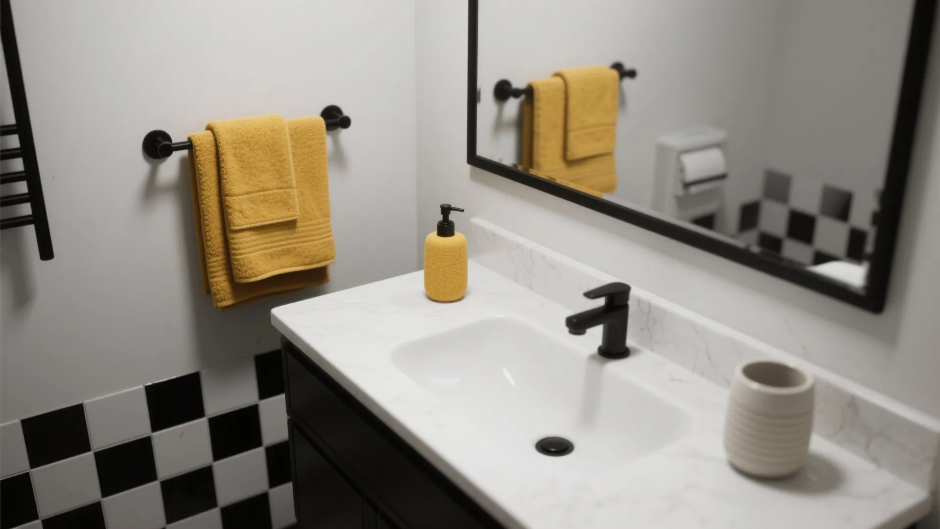 Modern bathroom sink with marble counter black faucet yellow towels and black white checkered floor