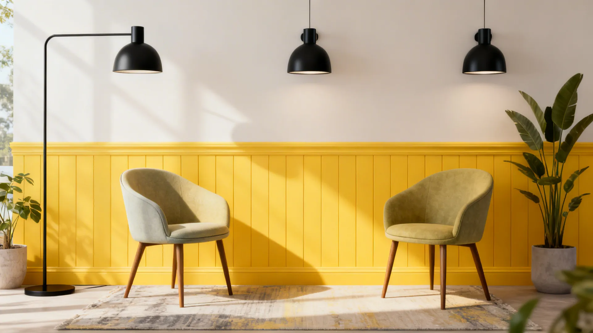 Modern room with yellow wall panel white wall three black light fixtures two green chairs