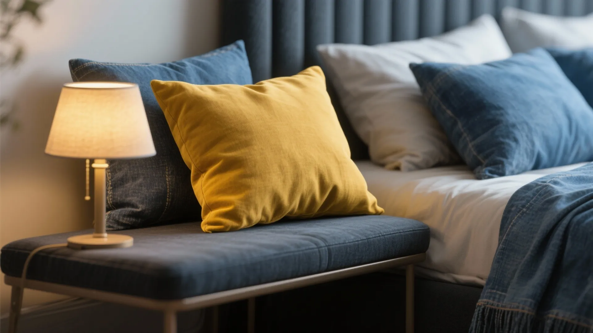 Close-up of mustard yellow throw pillow and lamp used as small accent pieces in a bedroom.