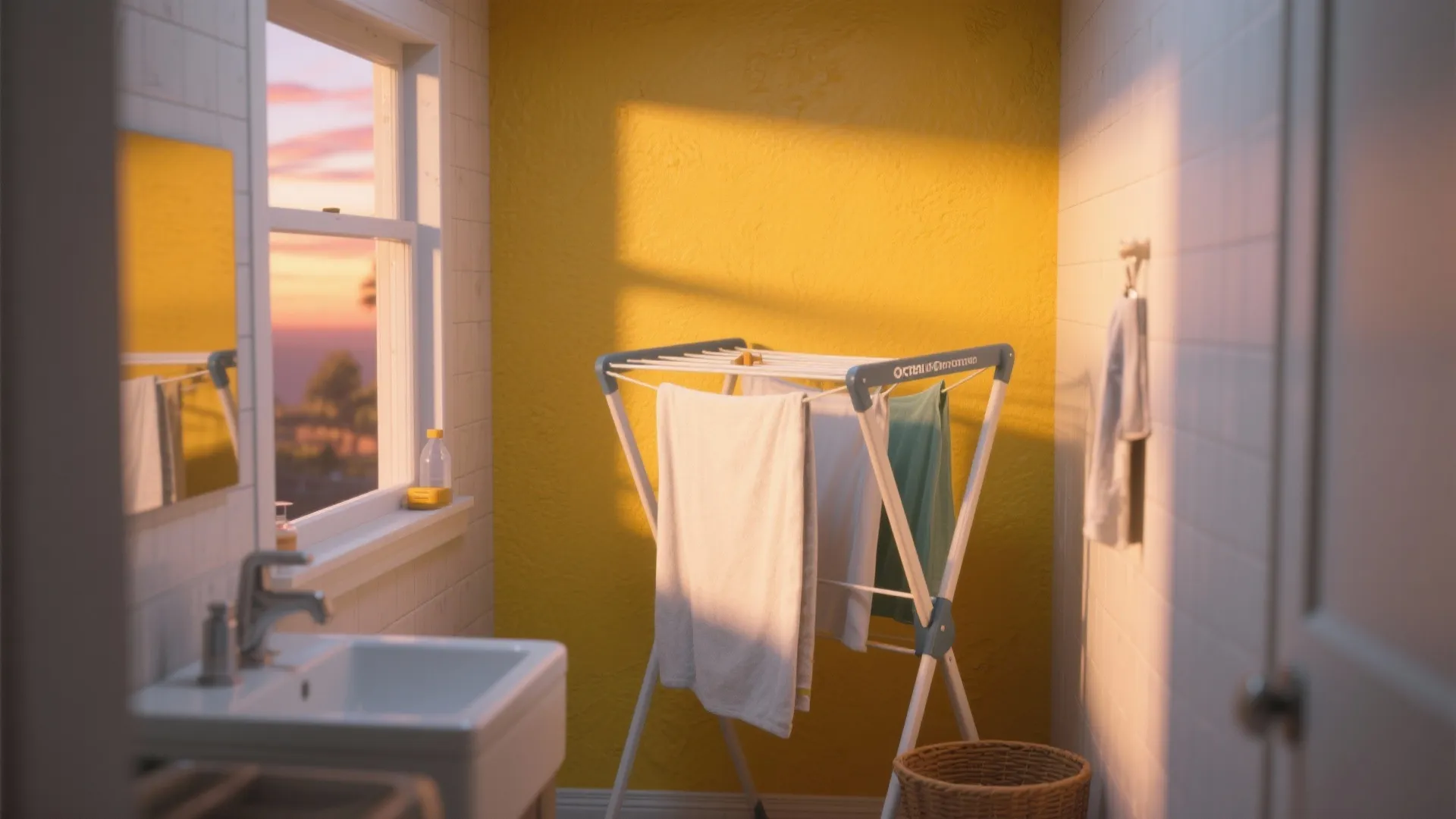 Small laundry room with yellow wall drying rack sink and window showing a sunset view