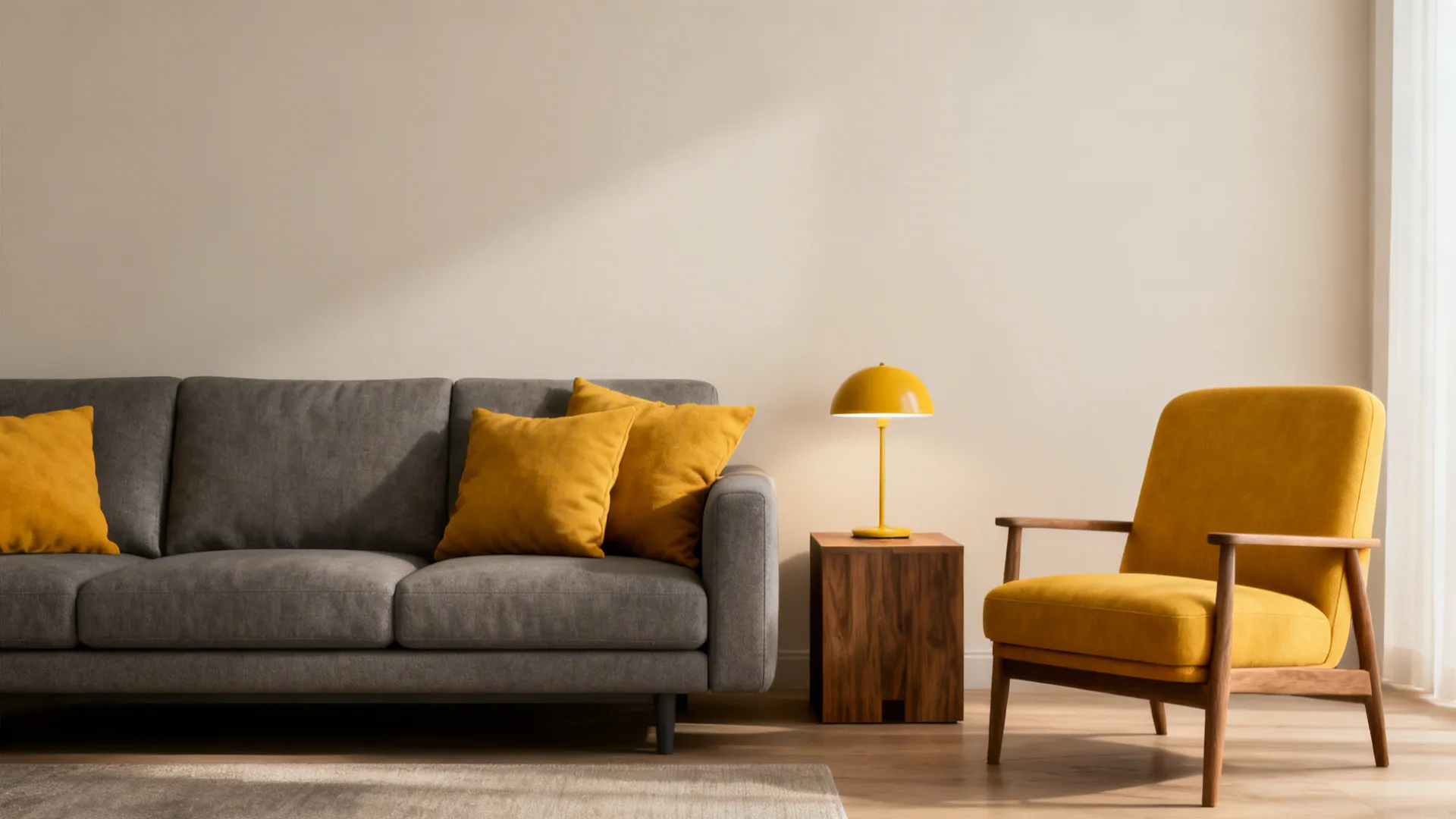Small living room with grey sofa highlighted by mustard yellow cushions and a chair