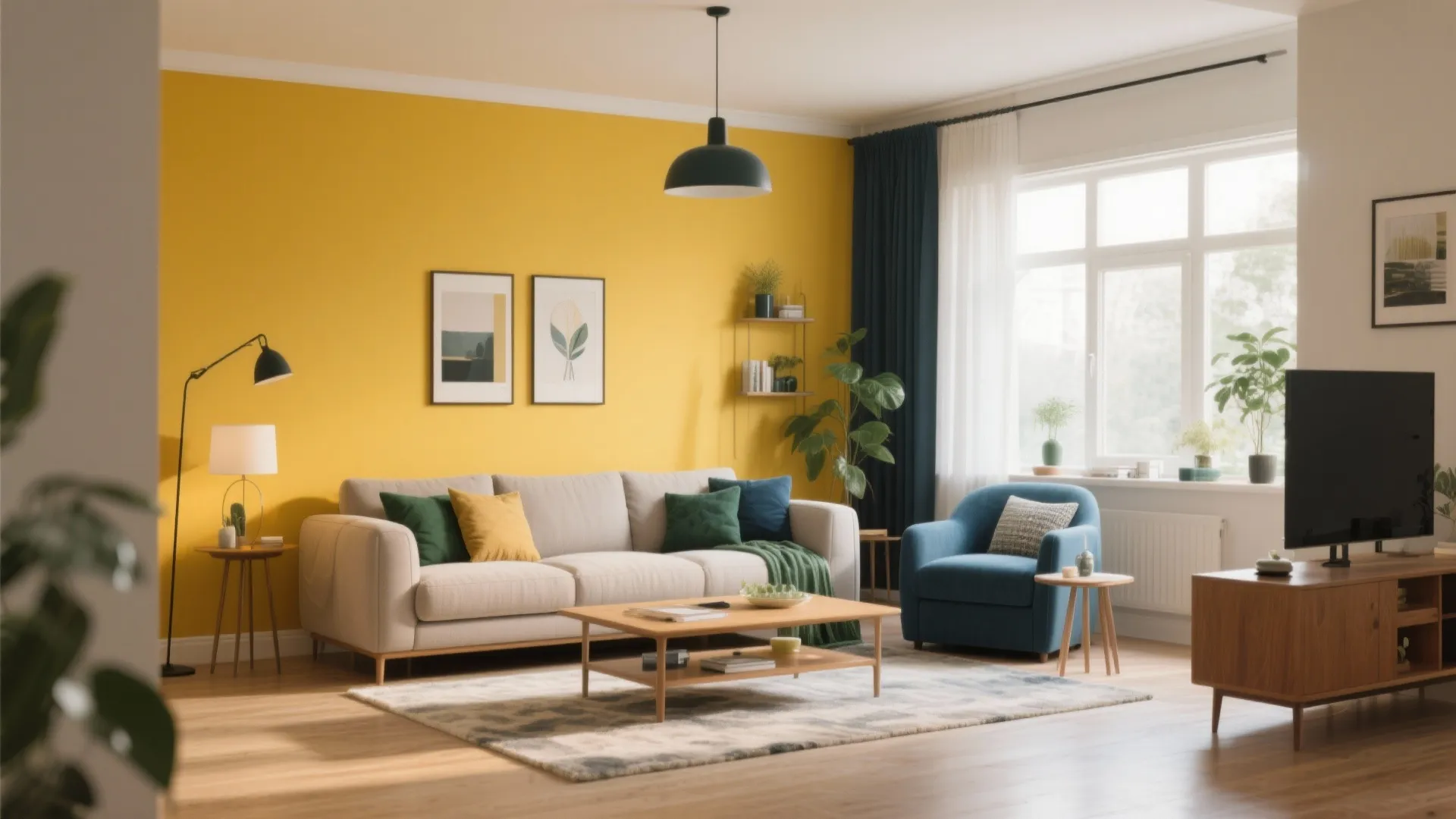 Living room with sunny mustard accent wall and neutral decor