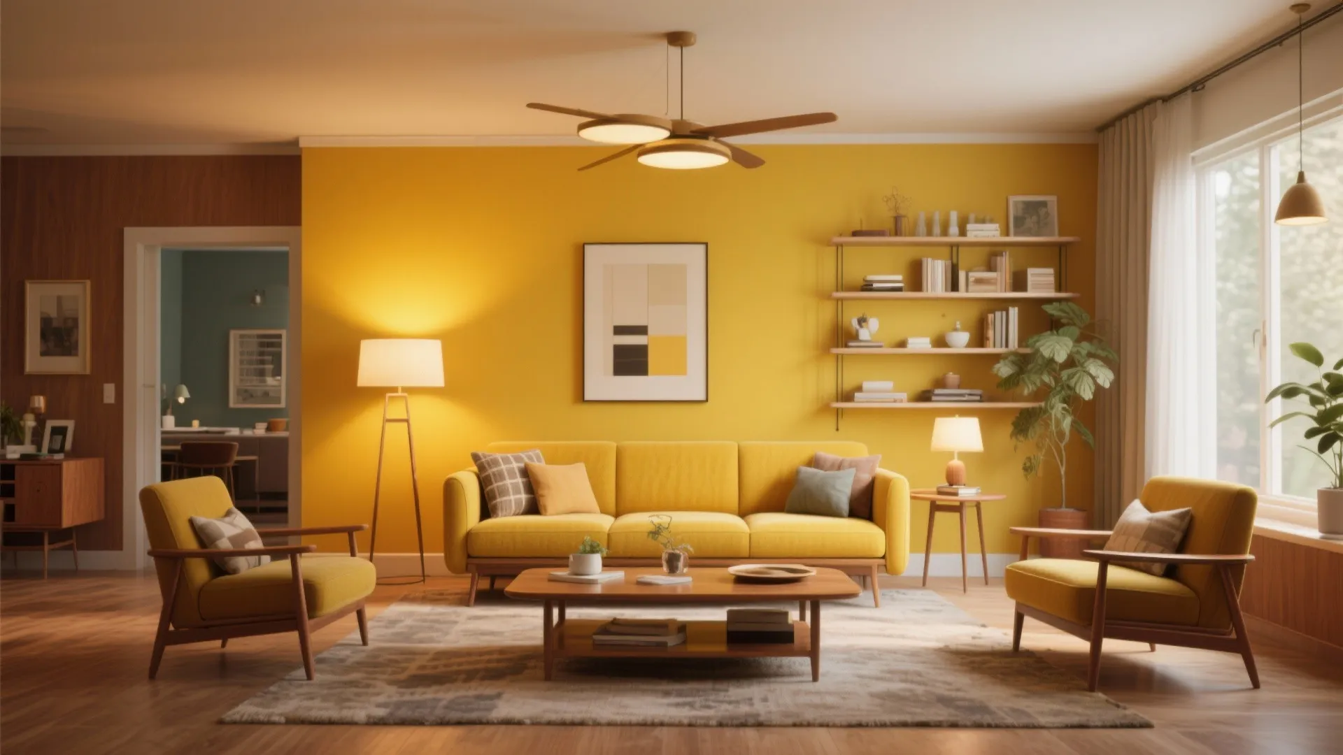 Modern living room featuring a mustard yellow accent wall with yellow sofa and ceiling light