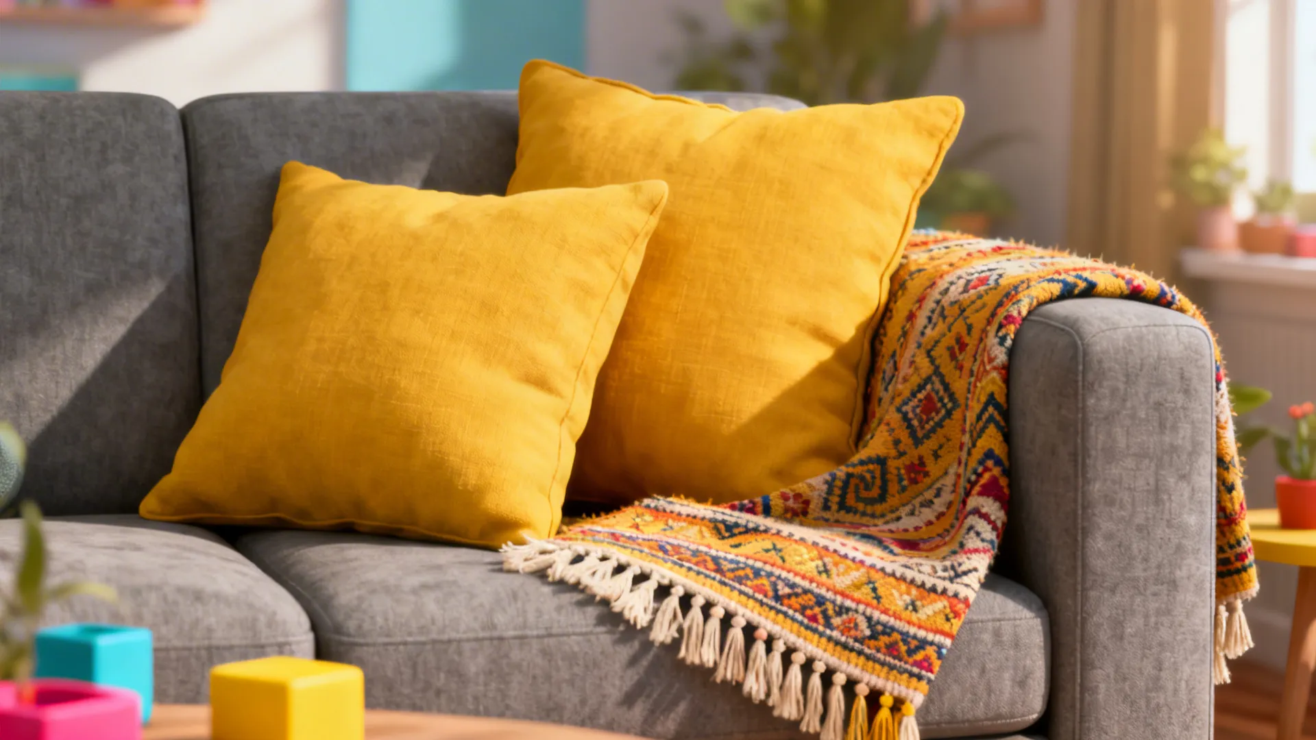 Mustard cushions and patterned throw on a gray sofa for energetic accent.