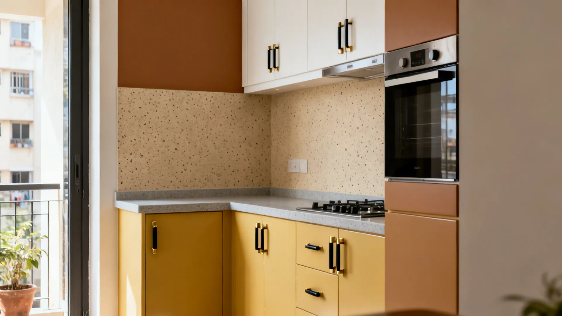 Two-tone kitchen with soft mustard base cabinets and warm white uppers in a compact space.