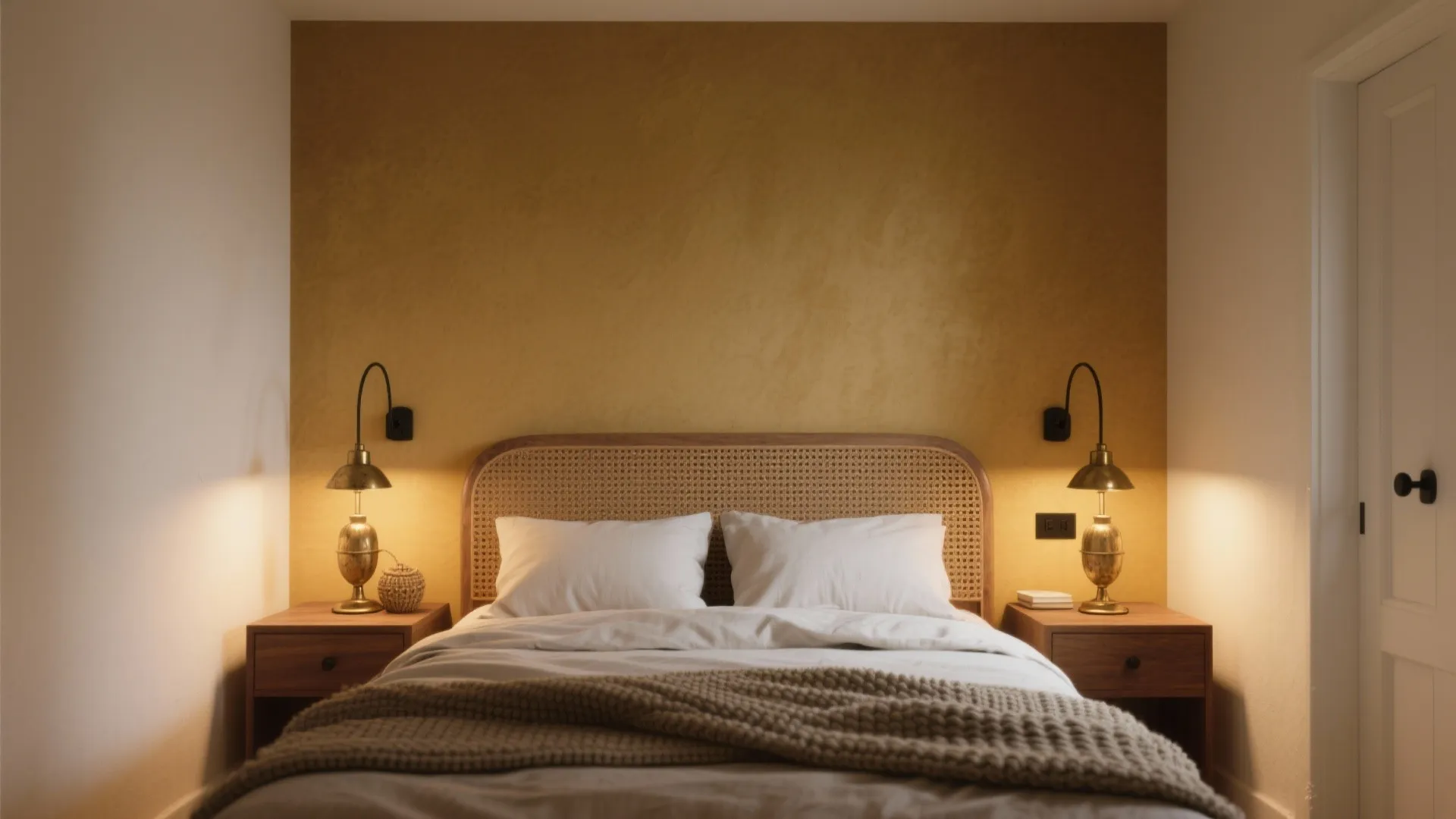 Cozy bedroom with mustard yellow wall woven headboard bed white pillows and grey knit blanket