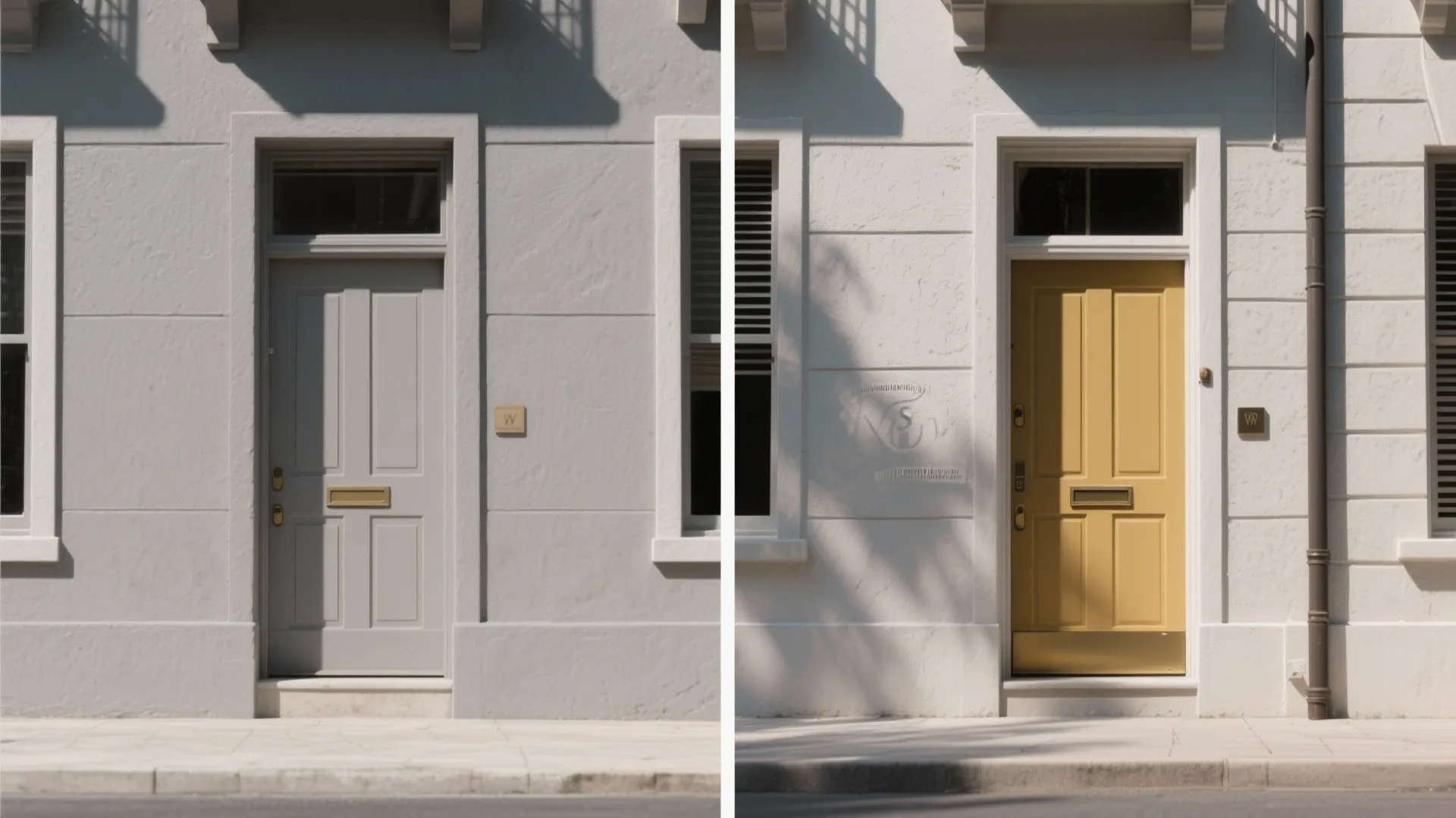 Before and after comparison of a house facade changing from grey door to mustard yellow