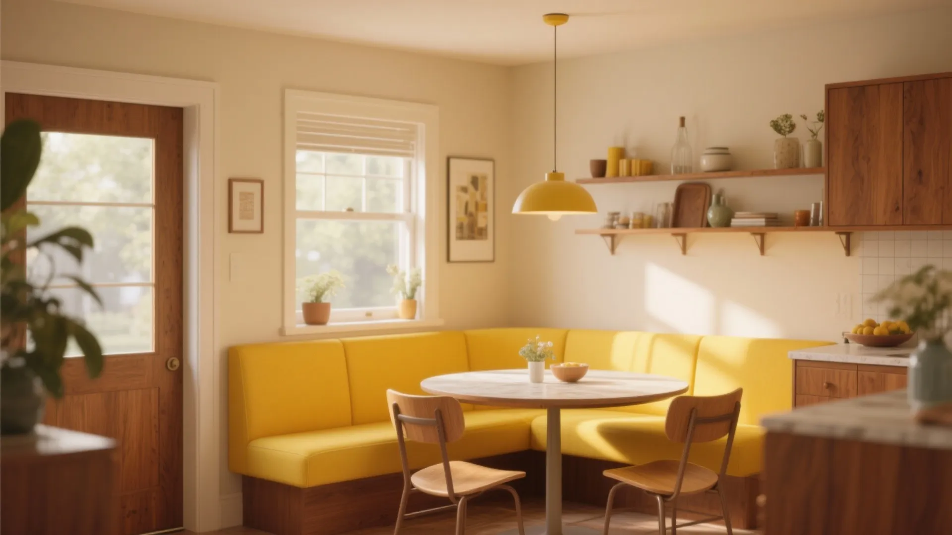 Mustard yellow and beige two-tone dining nook