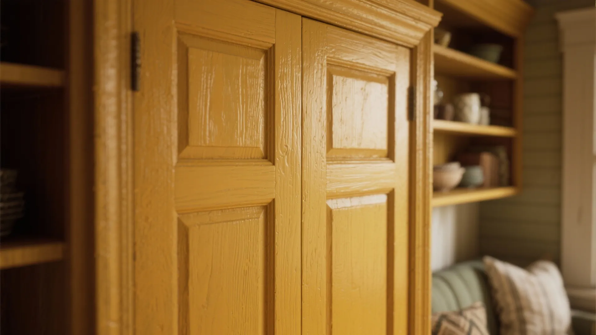 Close up of a yellow painted wooden cabinet door with shelves and a sofa behind it