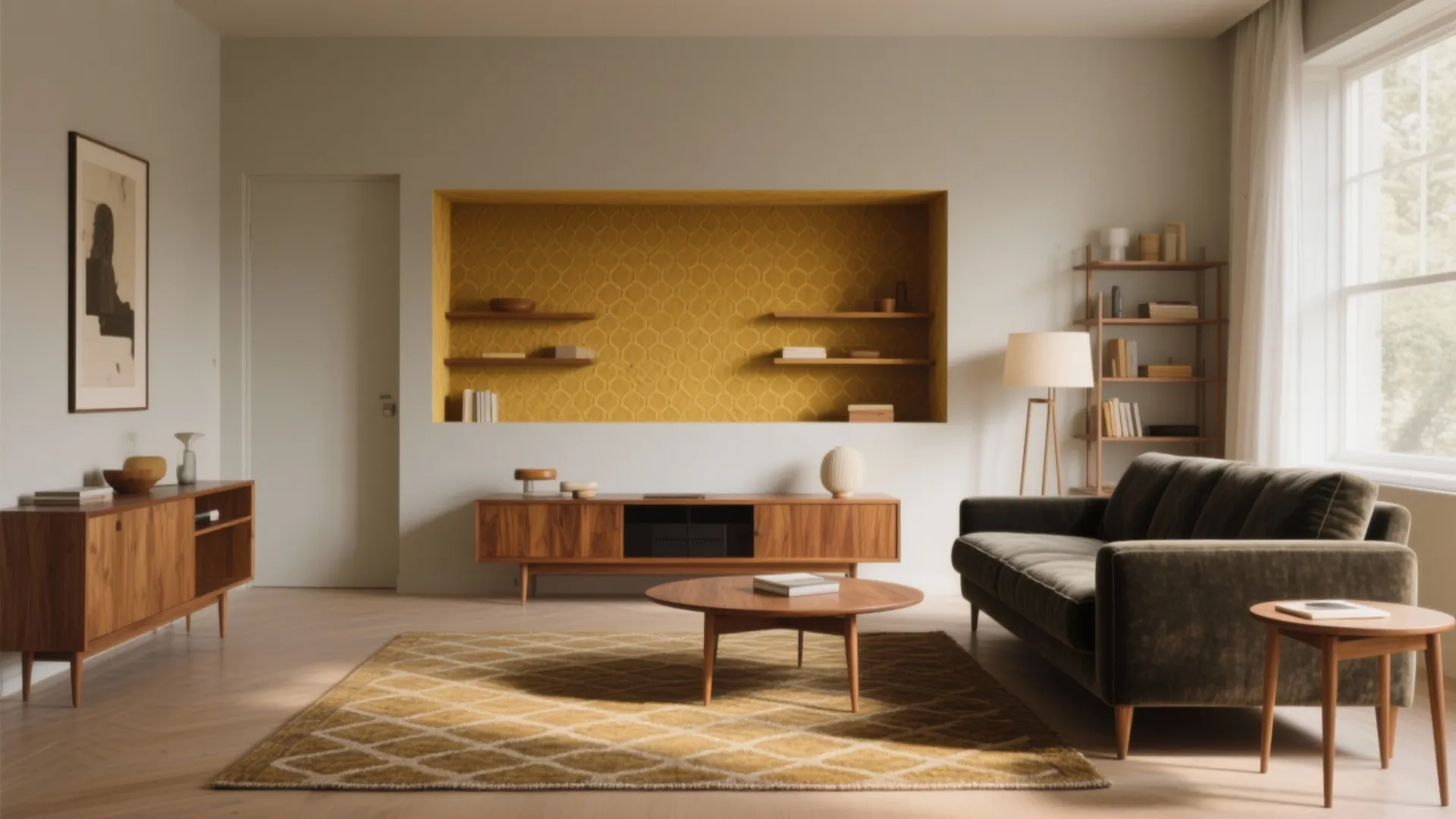 Mid-century living room featuring green sofa wooden cabinet yellow shelf patterned rug and floor lamp