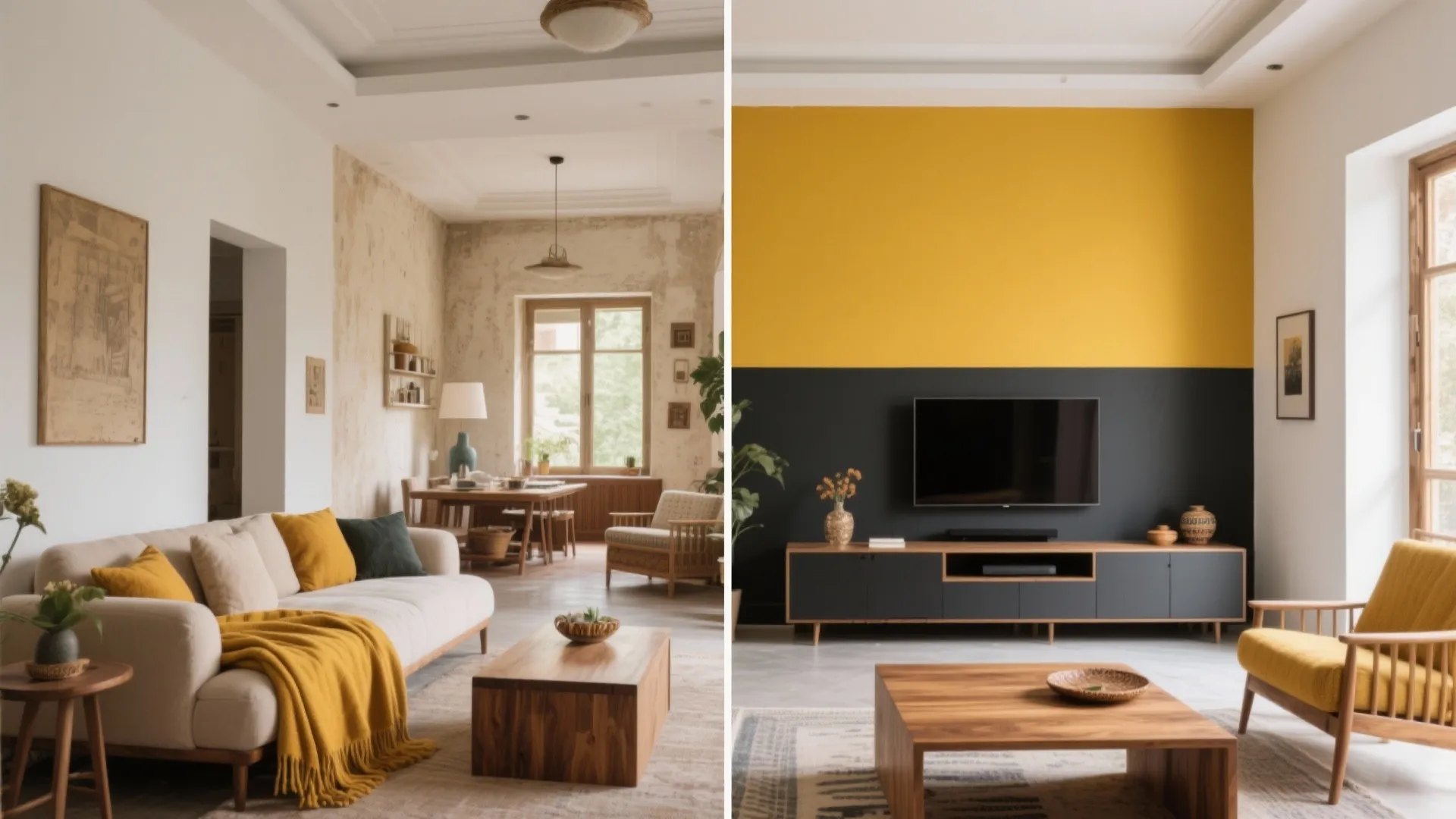 Split view of a living room before and after: mustard half-wall and matte charcoal media console on the updated side, bright ceiling and walls.
