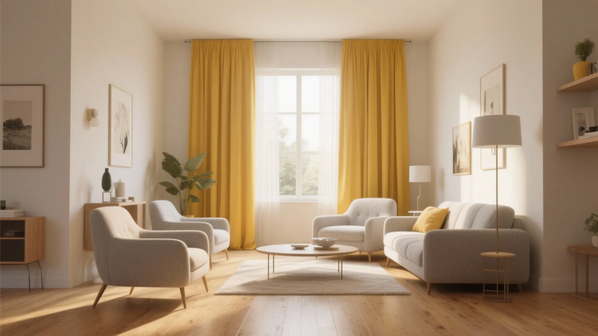3. Mustard Curtains with Light Gray Furniture