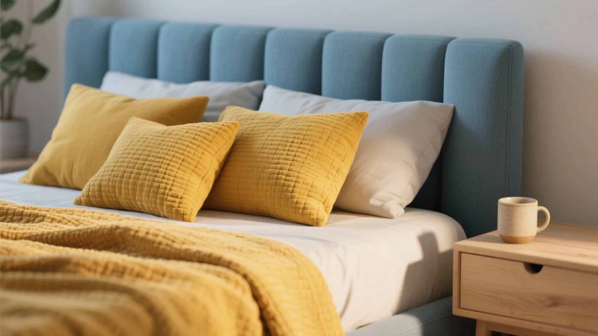 1. Coastal Calm: Soft Blue Walls + Mustard Accents