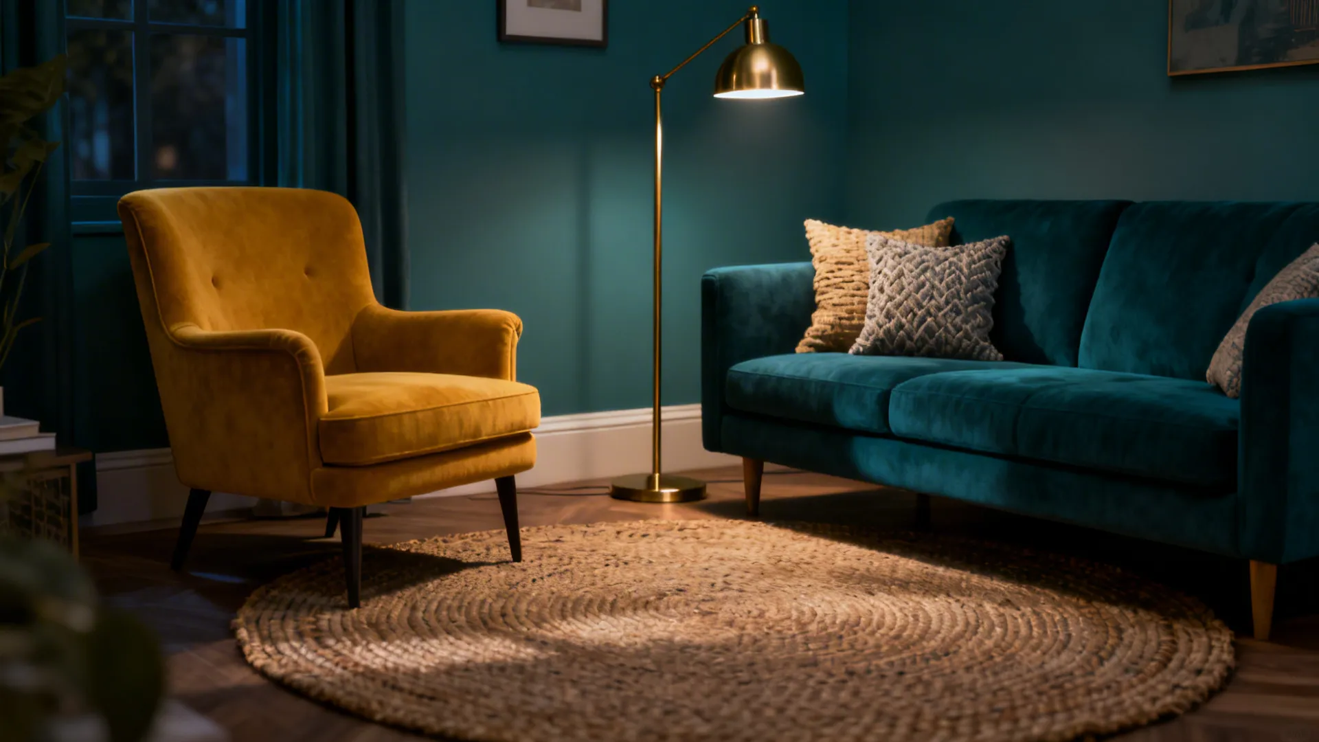 Small living area with mustard armchair paired with deep teal sofa and brass lighting