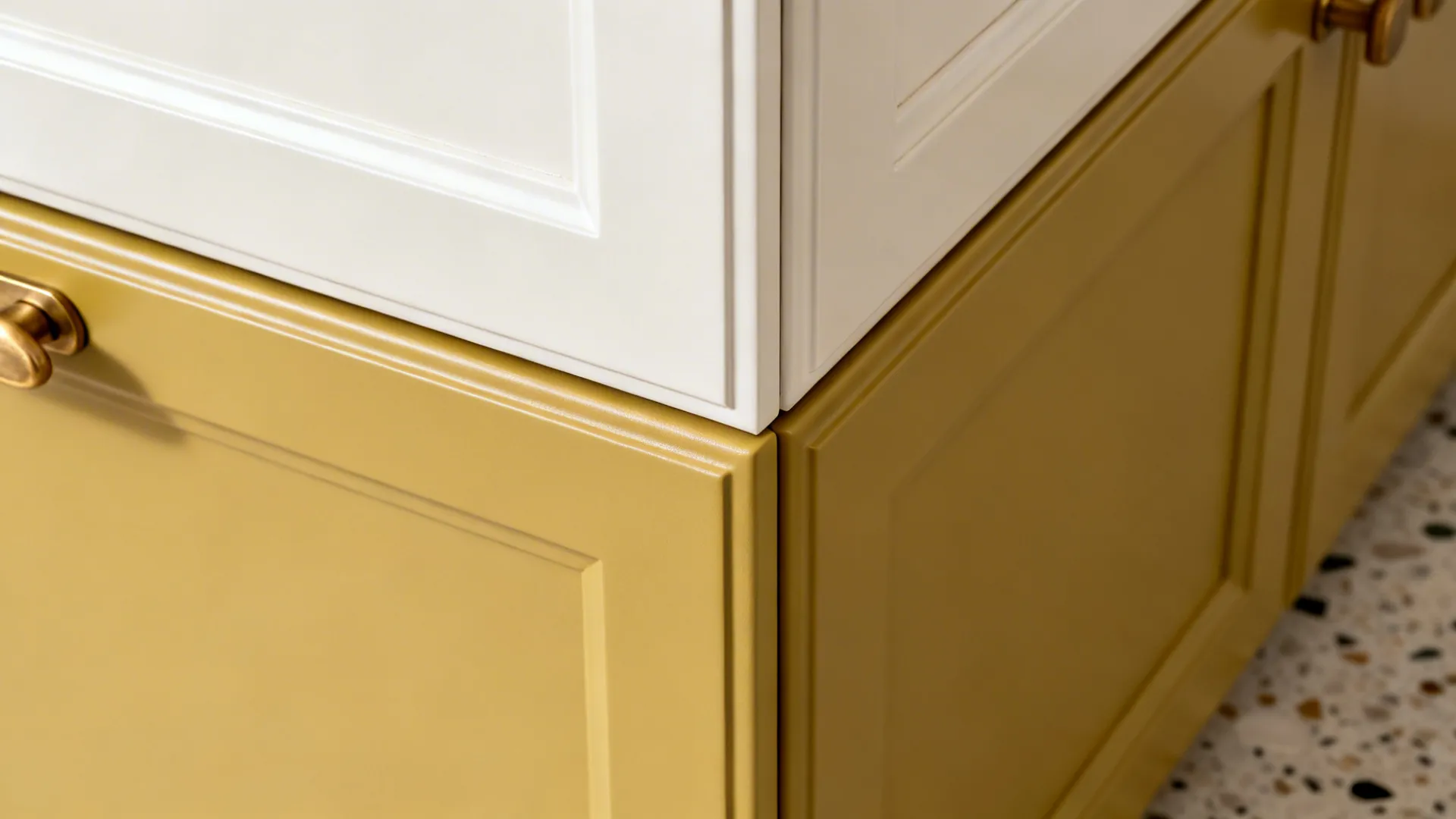 Macro detail of mustard cabinet finish, warm white upper, and brass hardware.