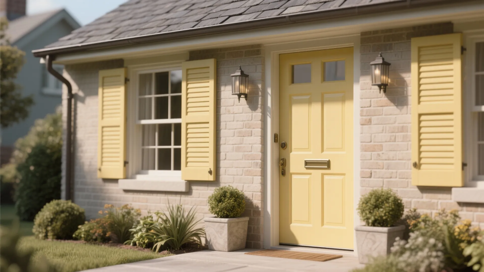 Close-up of a pastel mustard front door and shutters against neutral brick and slate roof tiles.