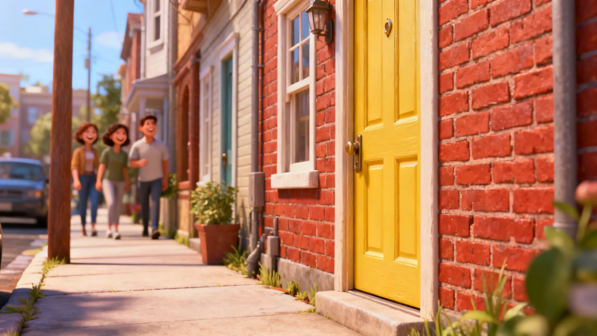 Bright mustard yellow door on a red brick row house, lively street scene.