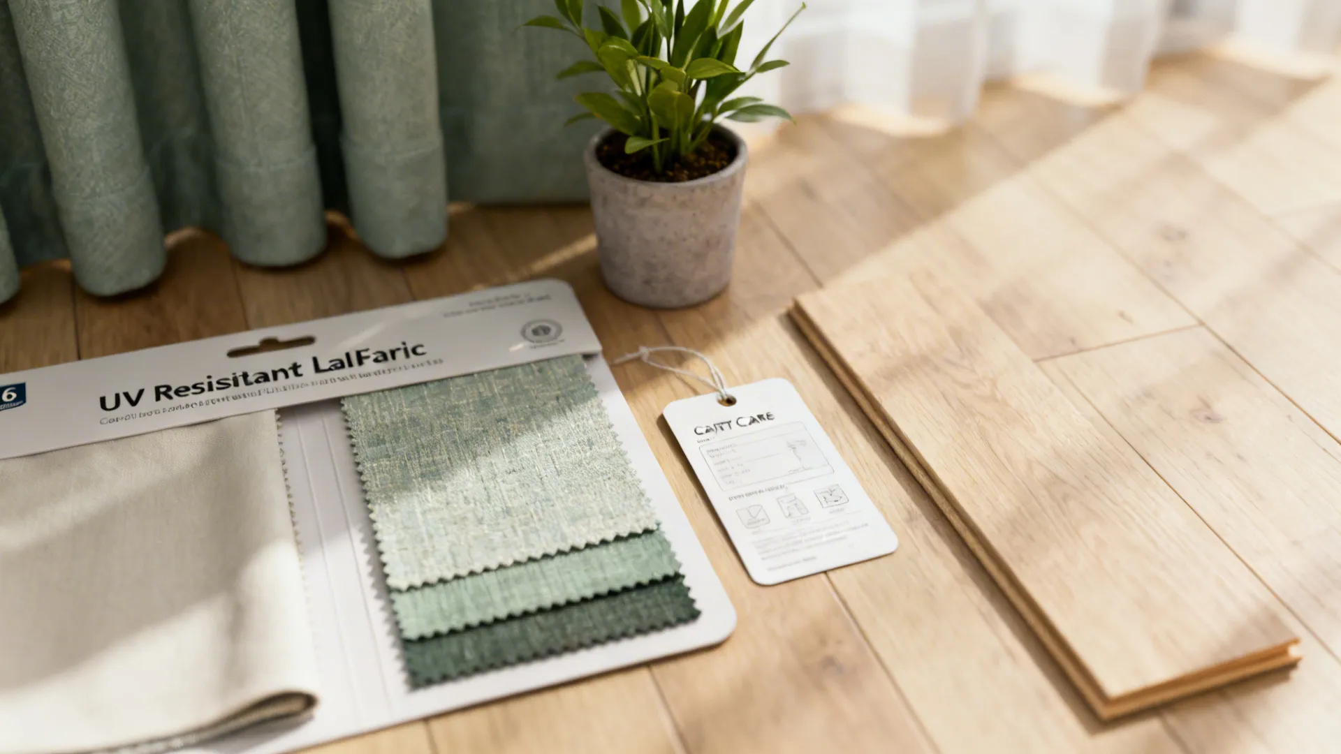 Close-up of UV-resistant fabric label, lining swatch and care tags for curtains