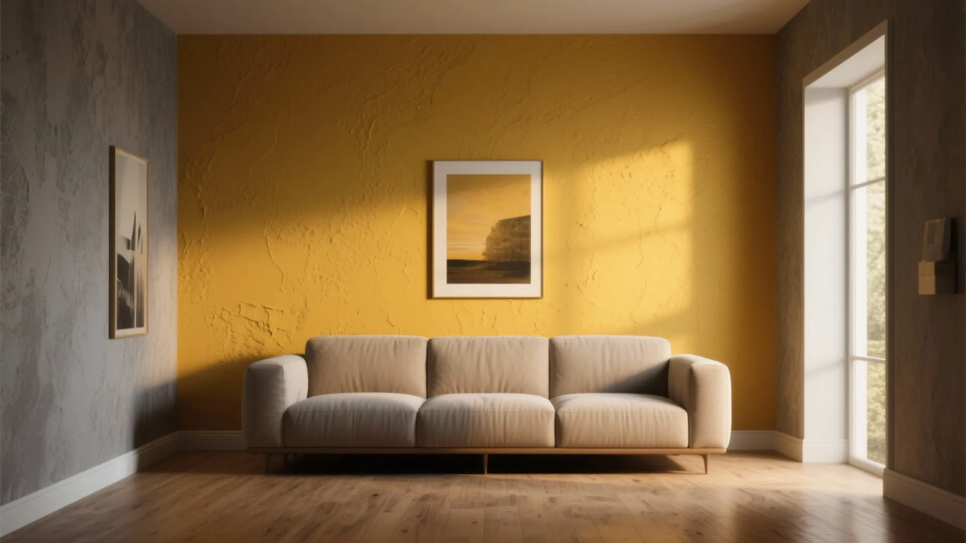 Modern living room featuring a mustard yellow textured wall with a beige sofa and sunlight