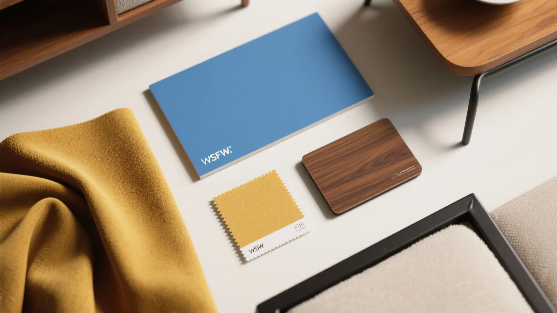 Flat lay of interior design materials including blue book mustard fabric sample and wood texture board