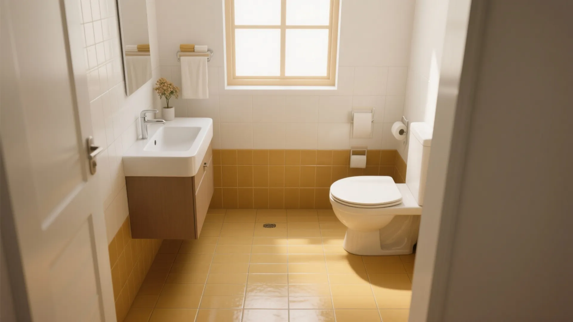 Clean bathroom design with yellow floor tiles white toilet wooden cabinet sink and small window