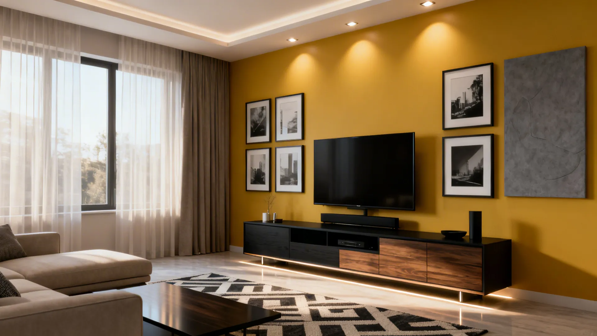 Mustard accent wall with framed grey-scale artwork and a media console