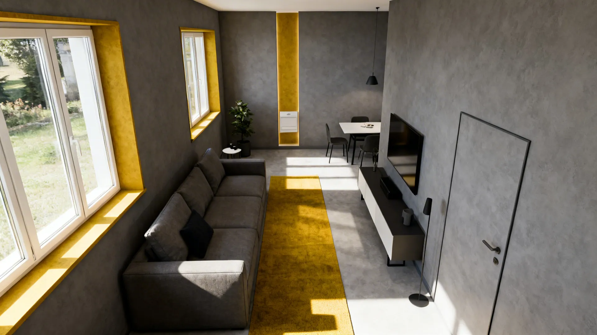 Interior design drawing of grey living room with yellow window frames and long yellow rug