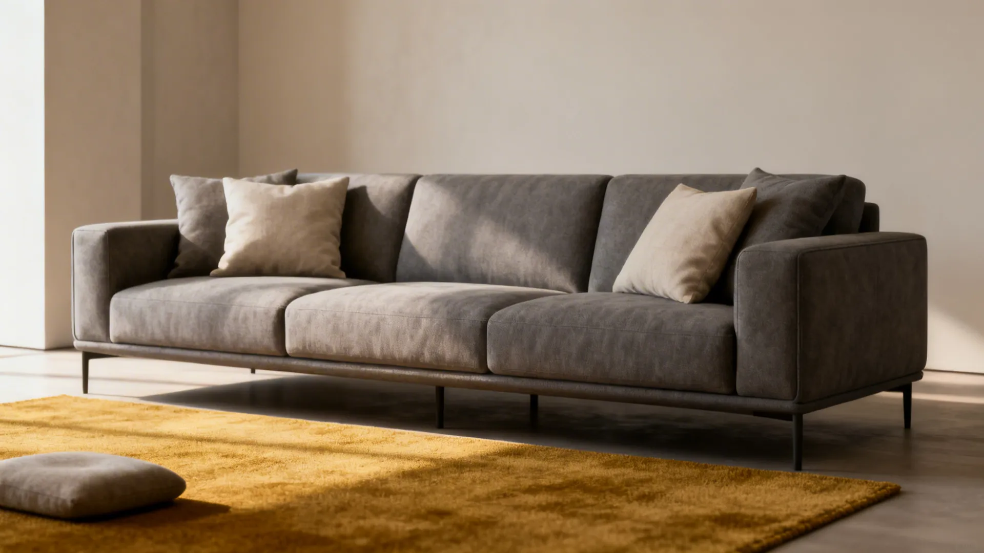 Mid-tone gray sofa with a muted mustard rug and neutral accents in a minimalist living room