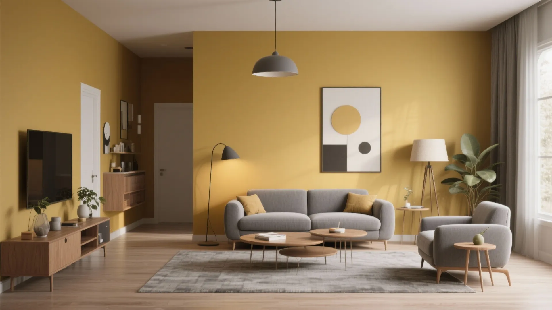 Muted mustard wall with grey furniture in living room