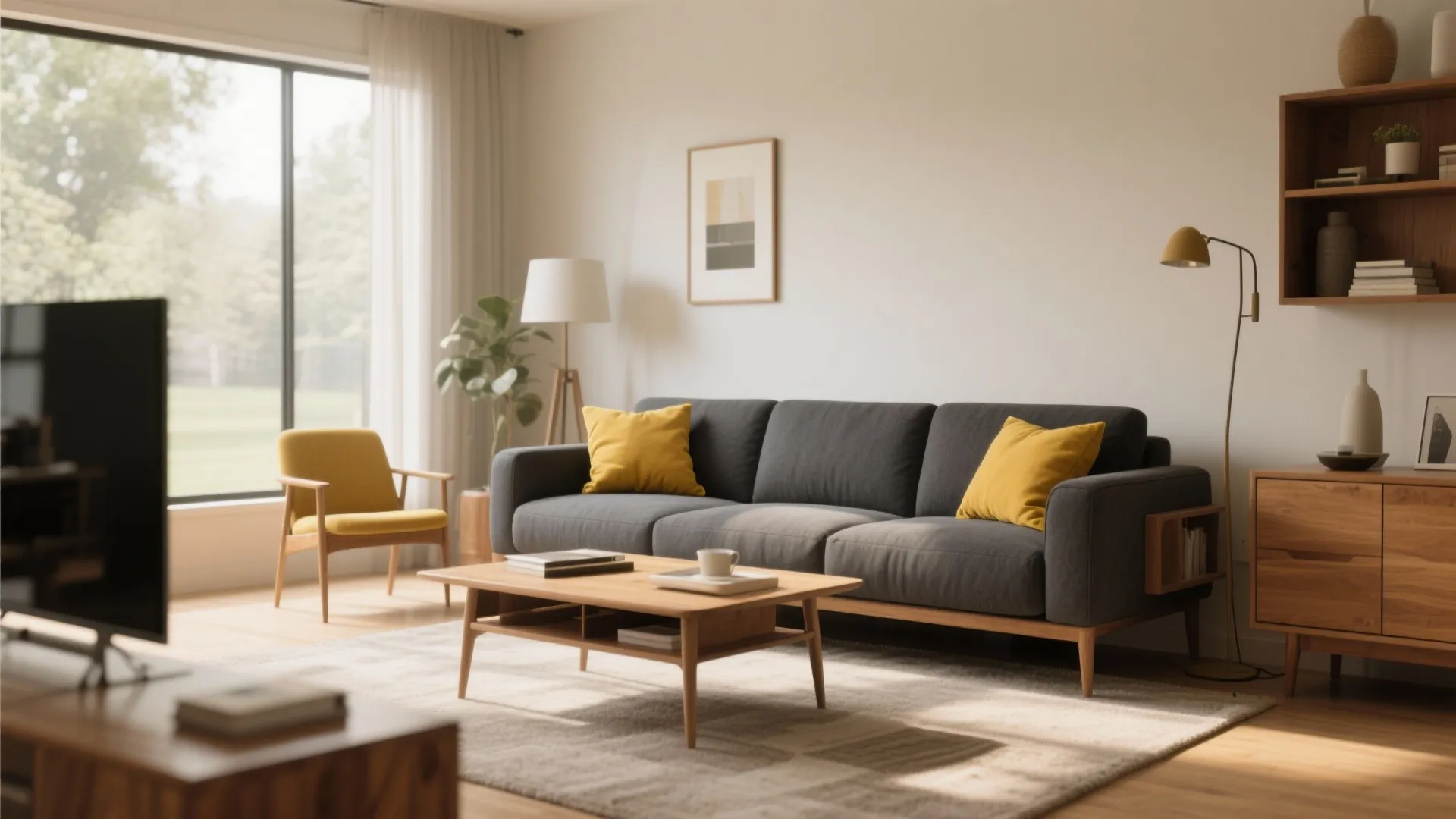 Charcoal grey couch with mustard yellow pillows in bright room