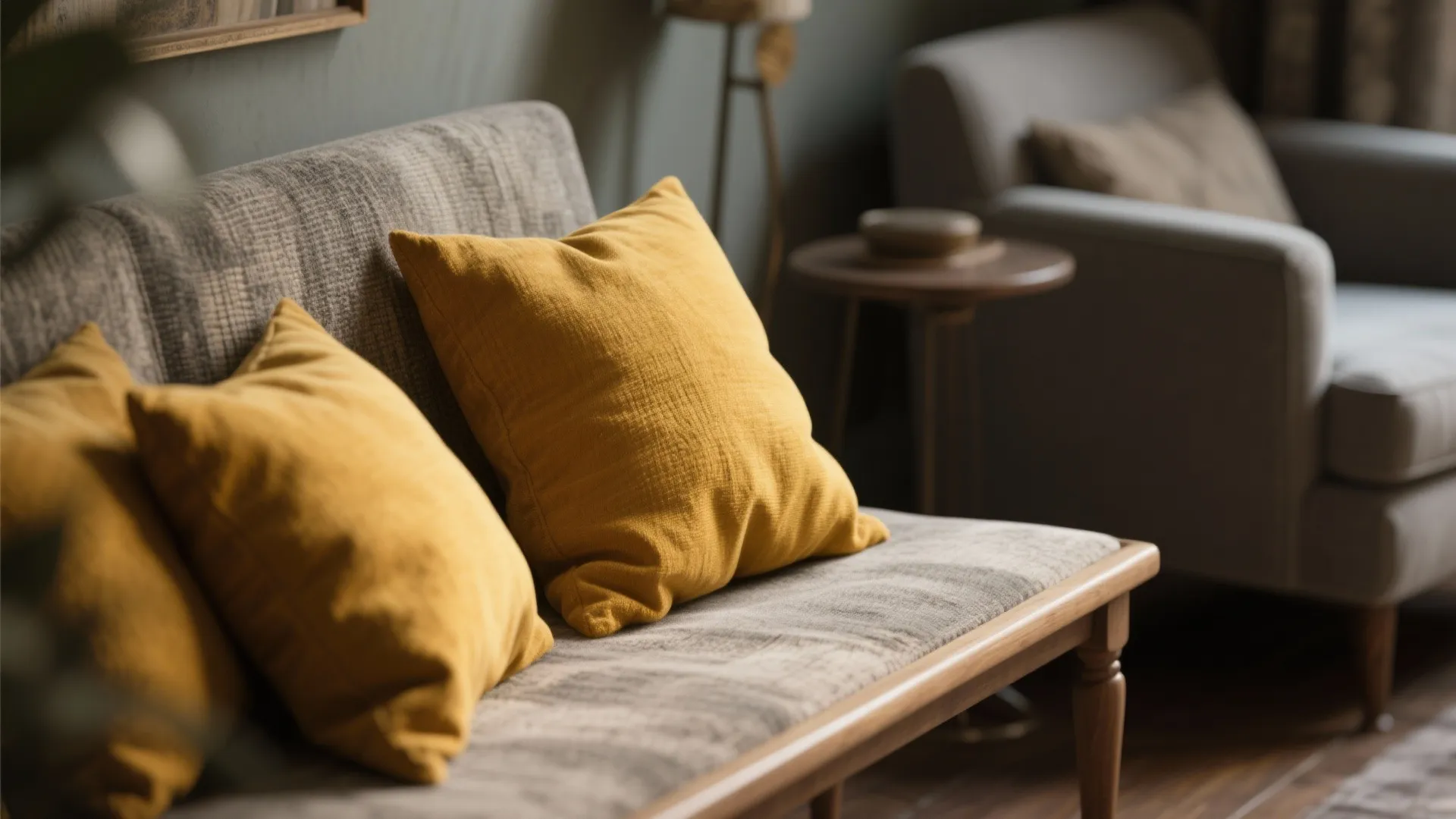 Close up view of yellow pillows on a grey sofa in a modern dim living room