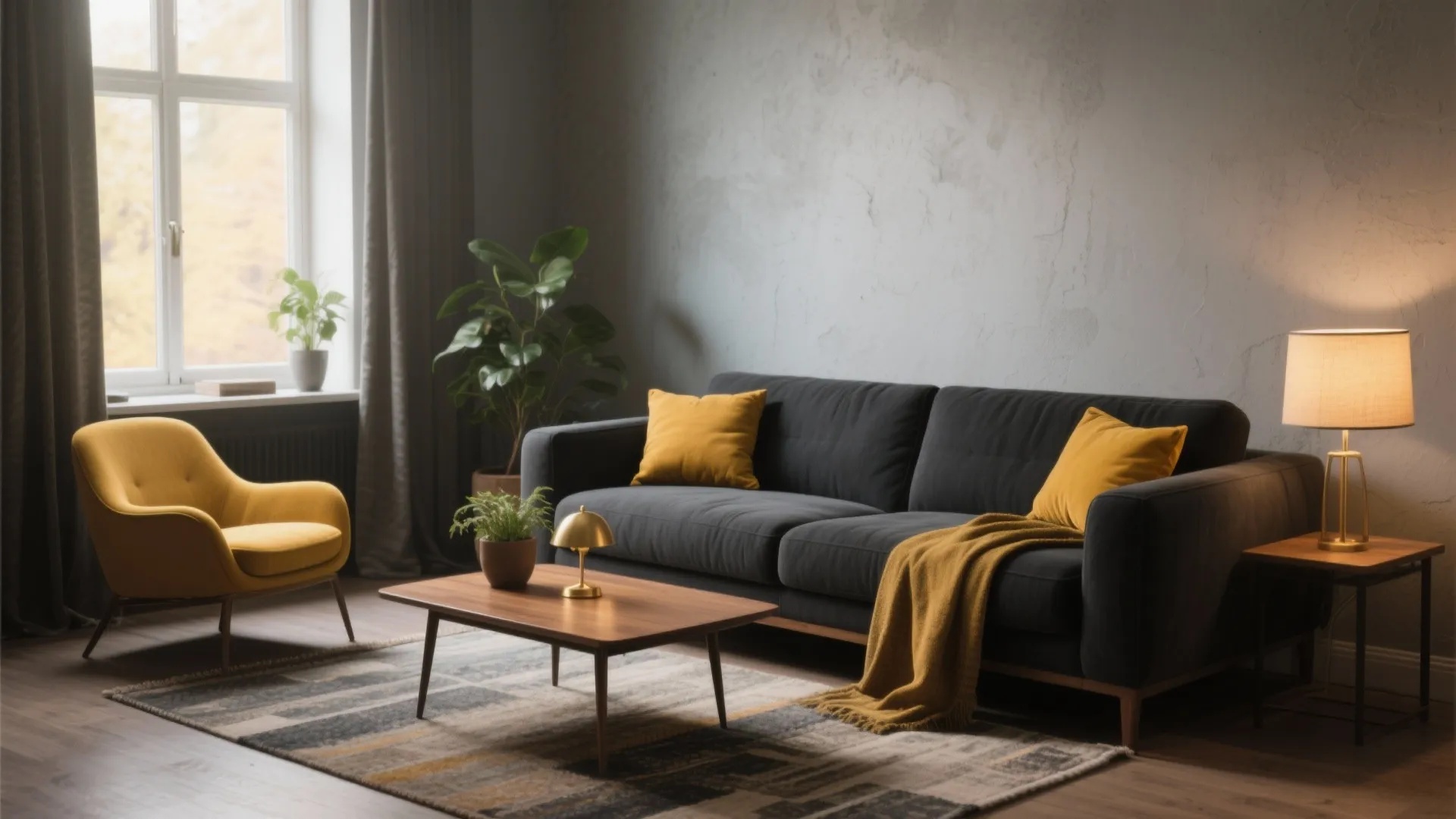 Modern living room with grey sofa yellow armchair wooden coffee table and warm table lamp lighting