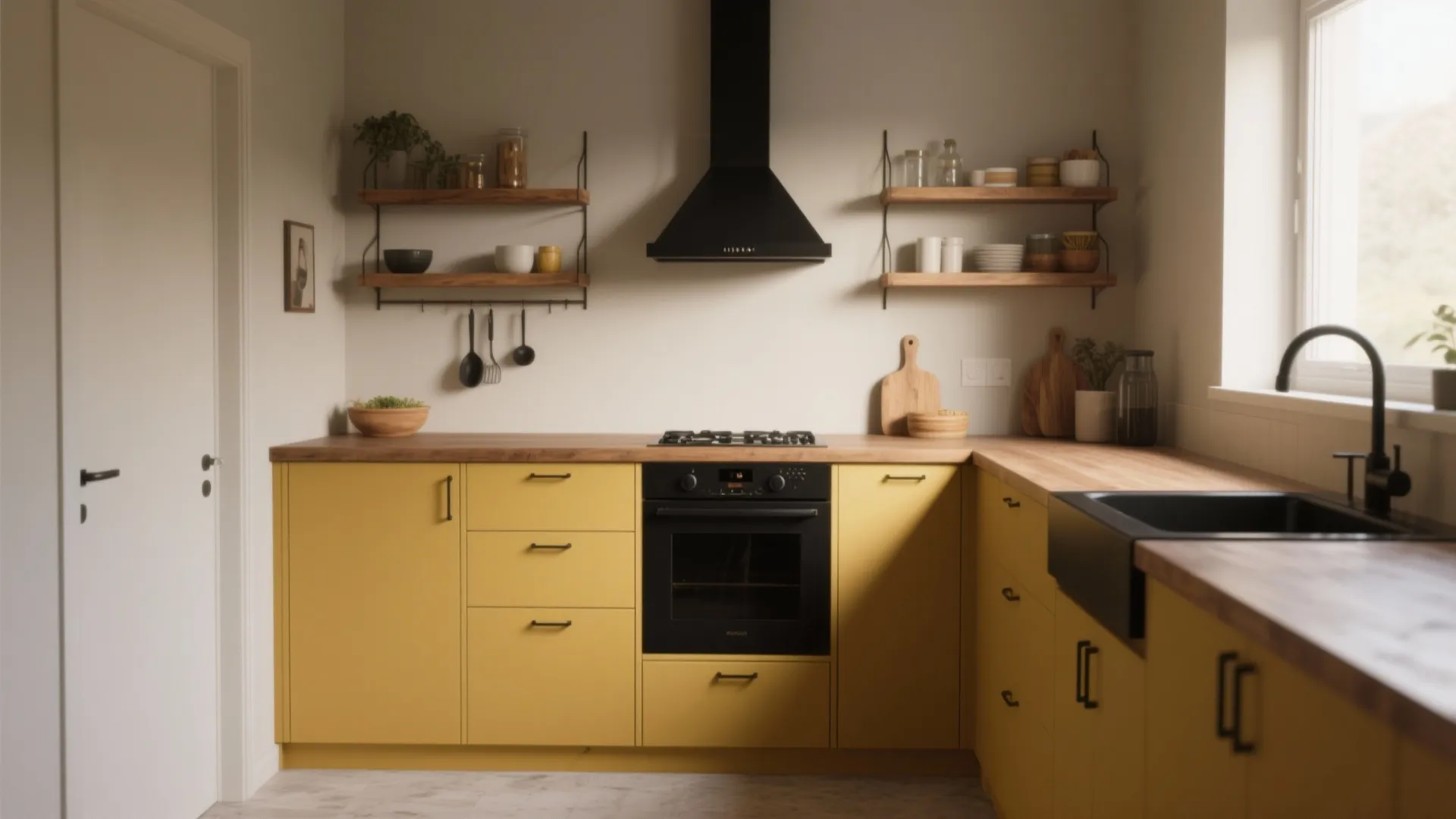 Modern kitchen with yellow cabinets wood countertop black oven range hood and open wooden shelves