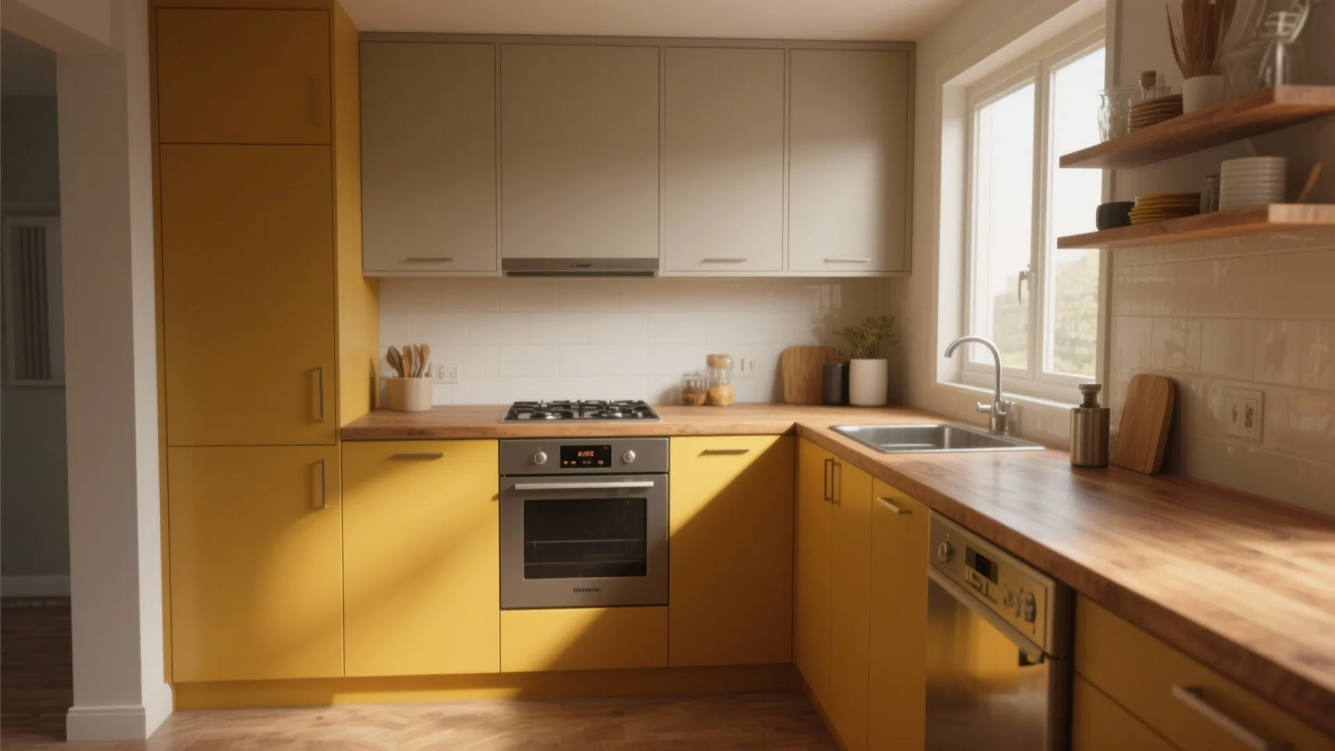 Modern mustard yellow kitchen with wood countertop grey cabinets stove sink and bright natural light