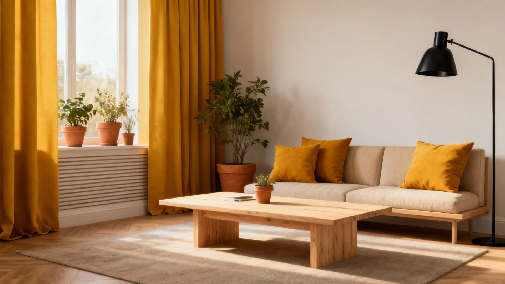 Warm monochrome living room anchored by mustard curtains with ochre cushions and terracotta planters