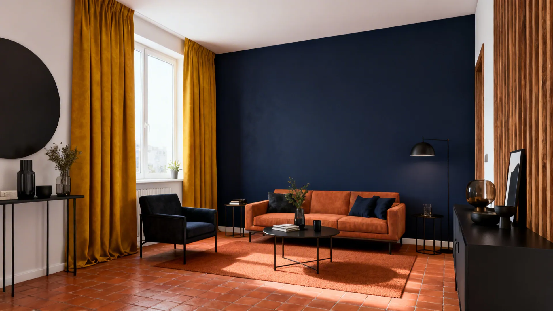 Small living room with mustard curtains contrasted against a navy accent wall